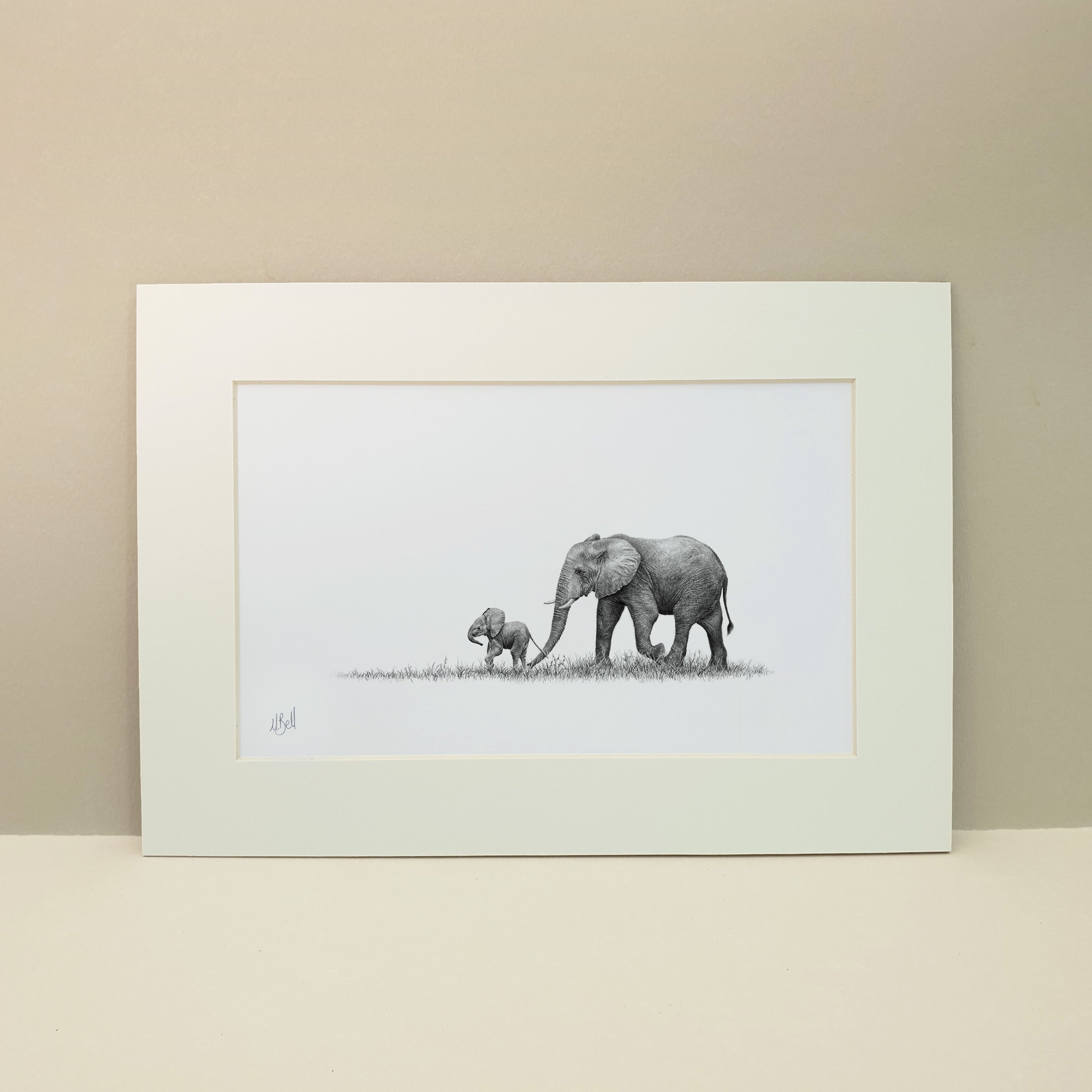 African elephant mother and calf pencil drawing mounted print