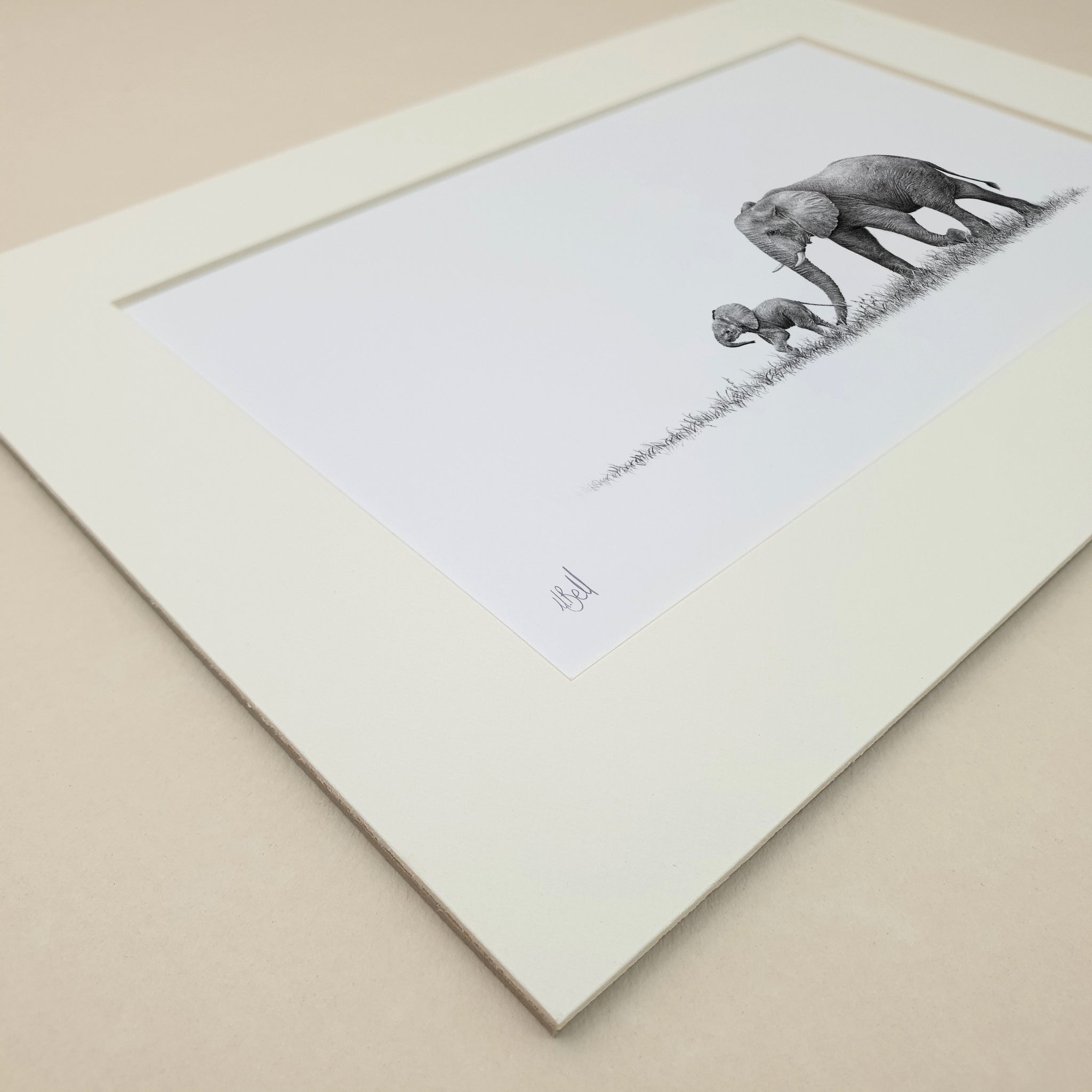 African elephant mother and calf pencil drawing mounted print