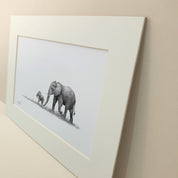 African elephant mother and calf pencil drawing mounted print