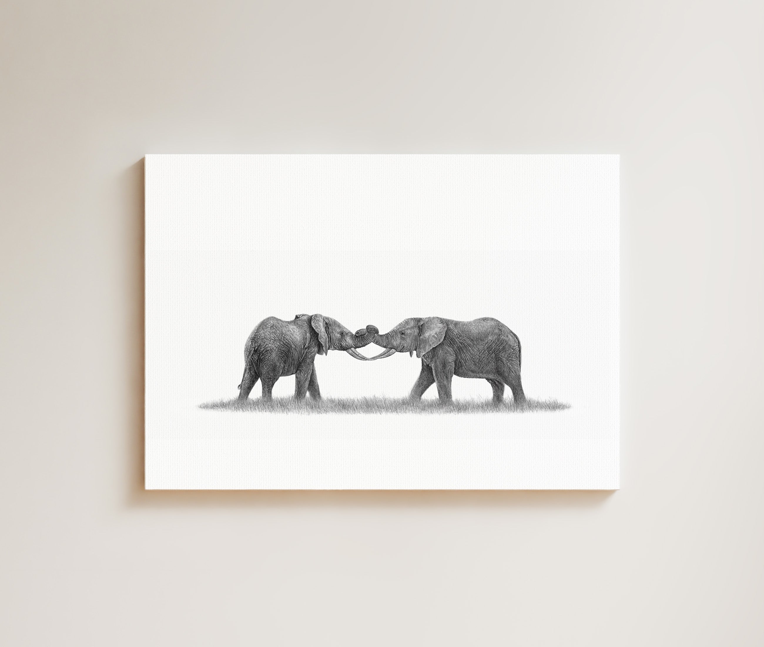 Elephants Playing drawing on canvas by South African wildlife artist Matthew Bell