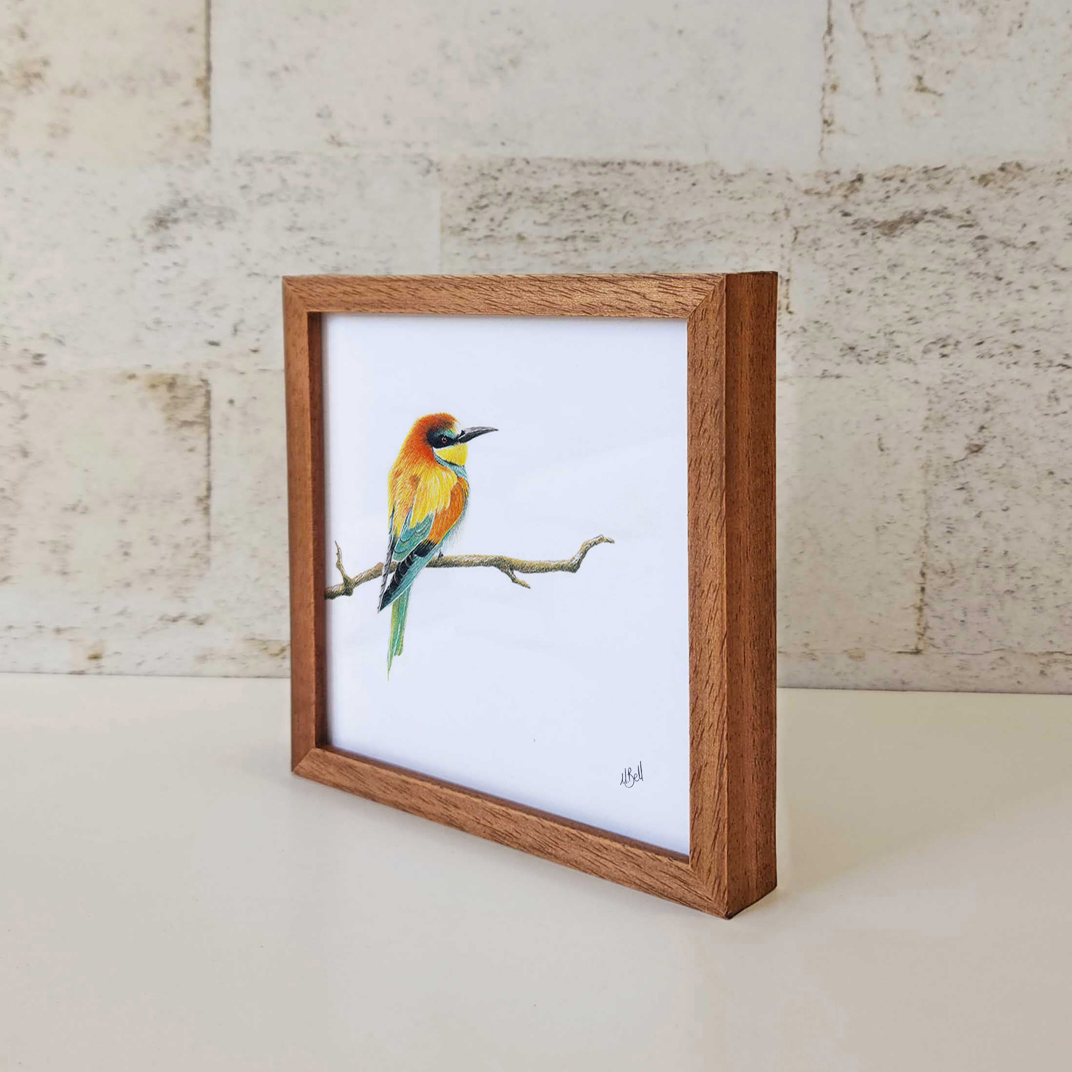 Kiaat wood framed miniature artwork of a European Bee Eater, part of wildlife artist Matthew Bell's birds of South Africa gallery