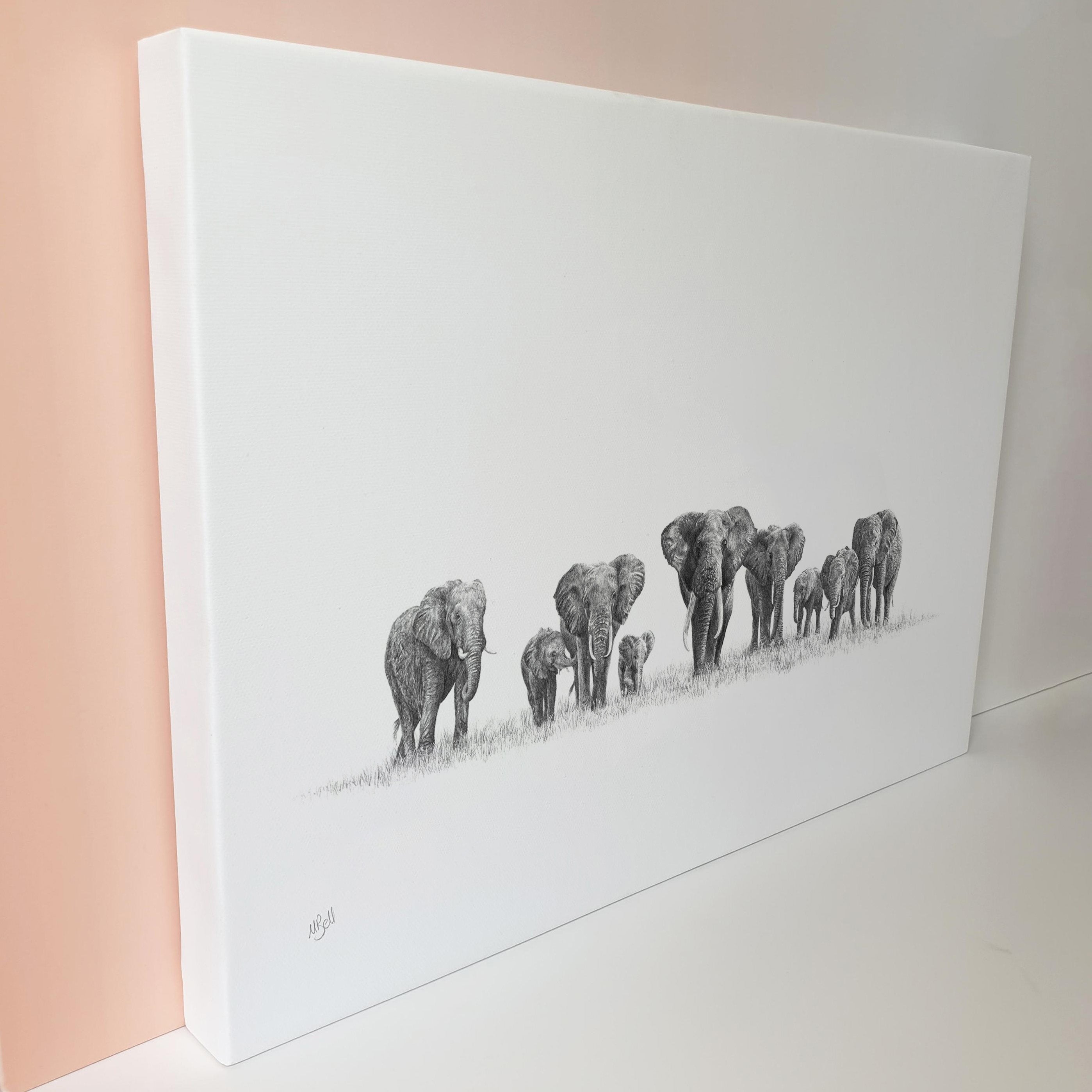 African elephant herd art print on canvas