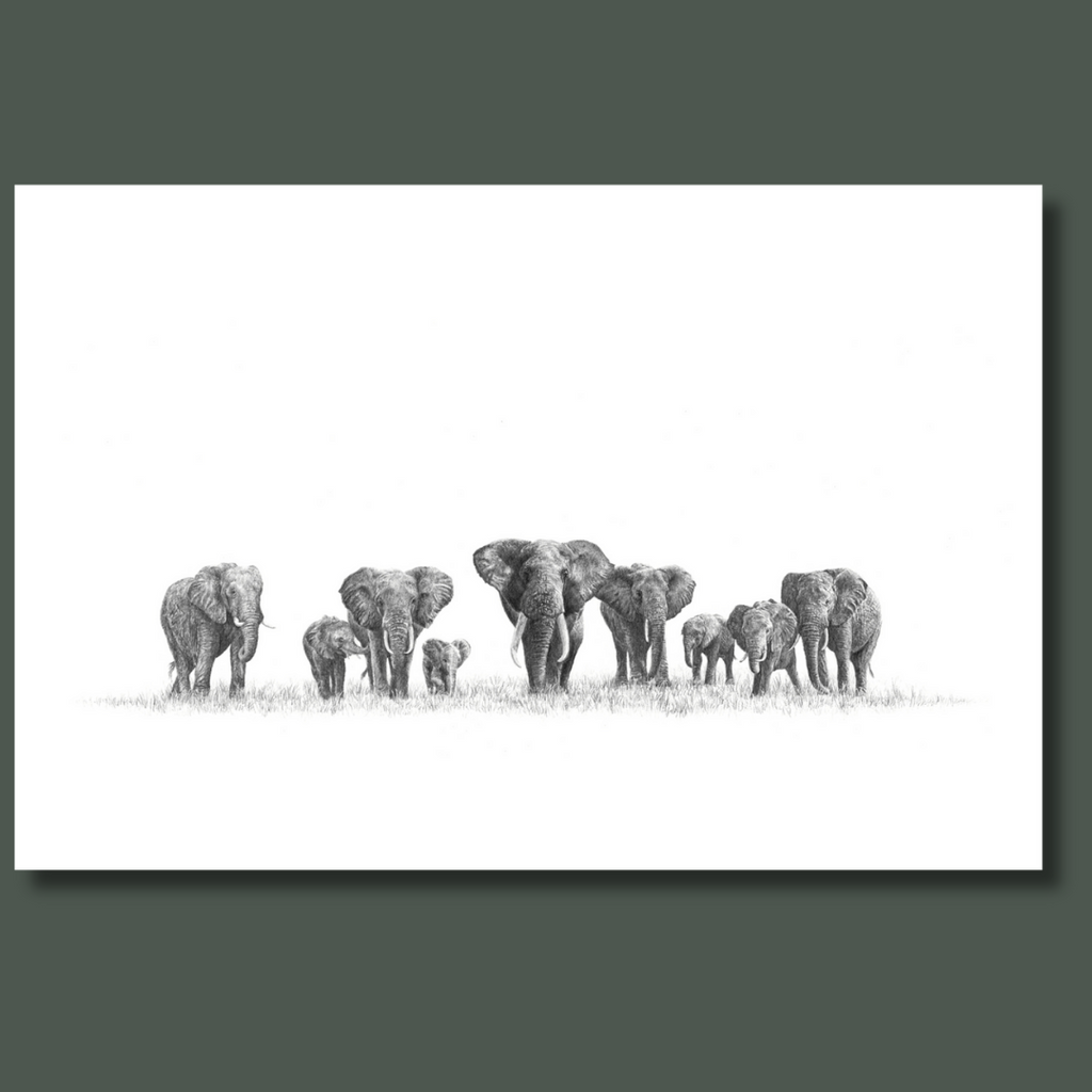 African elephant herd art print on canvas