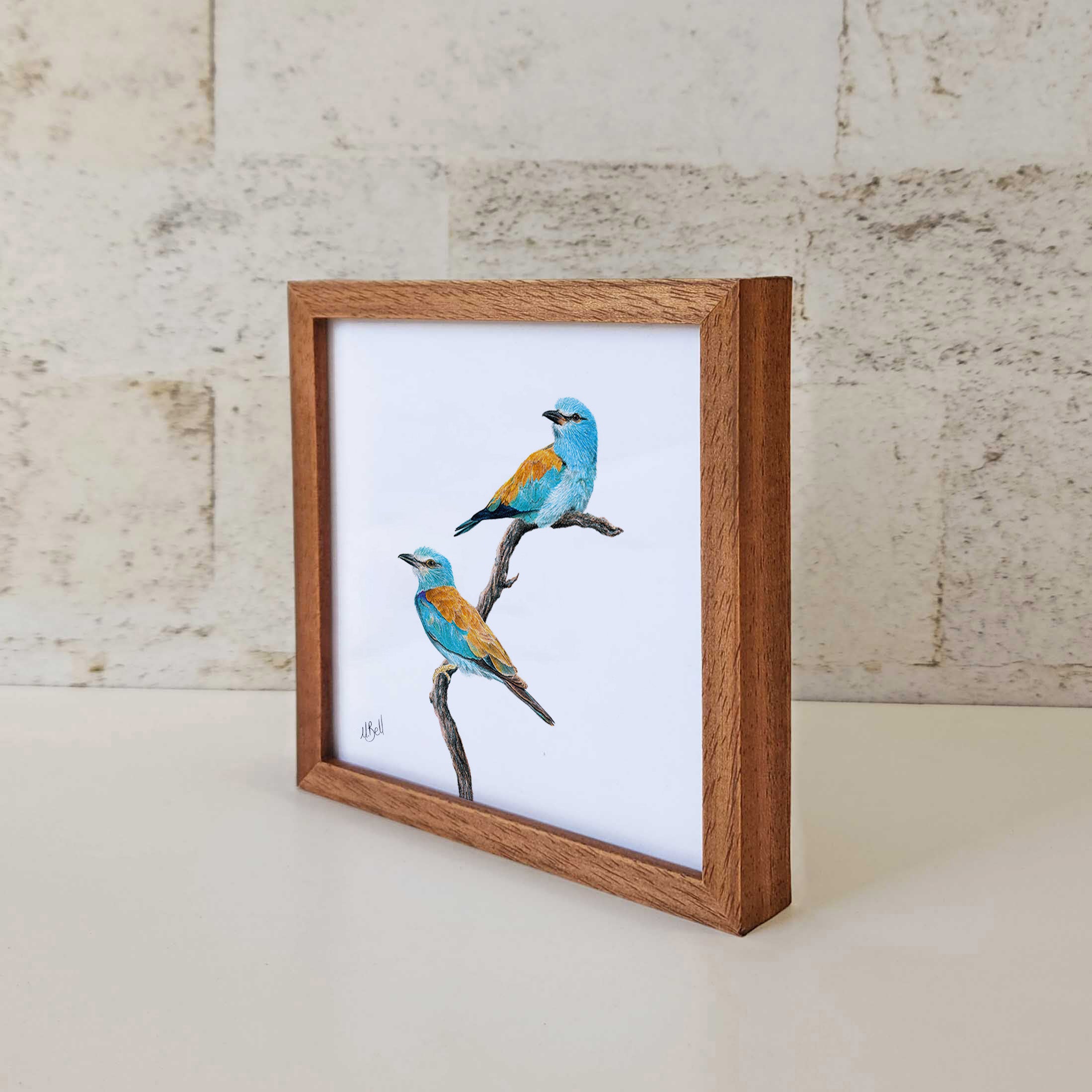 Kiaat wood framed miniature artwork of a European Roller, part of wildlife artist Matthew Bell's birds of South Africa gallery