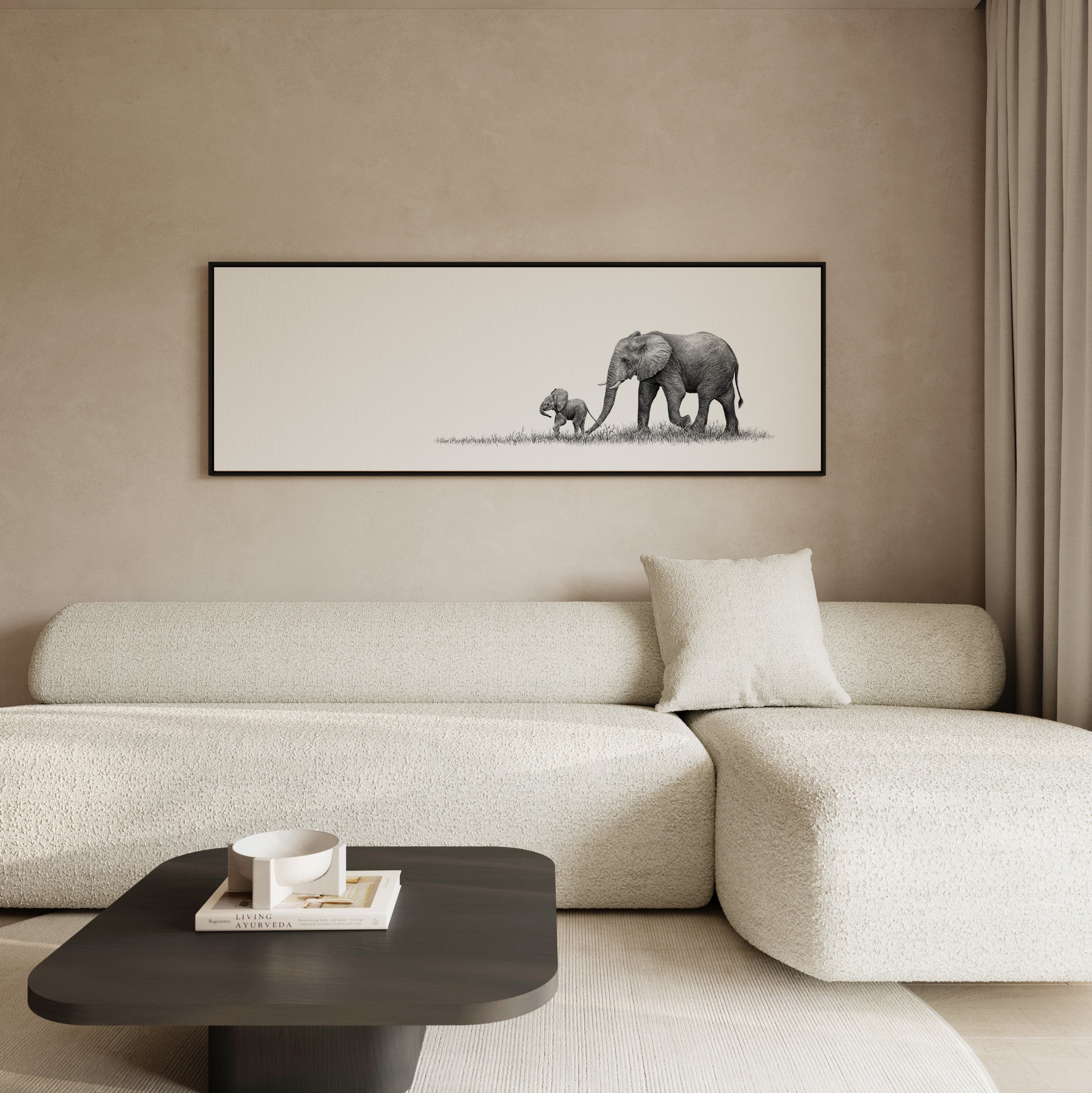 Framed African elephant canvas print combining timeless safari artwork with an elegant contemporary frame.