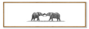 Framed elephant babies panorama wildlife print showcasing Matthew Bell’s detailed drawing of iconic African elephants.
