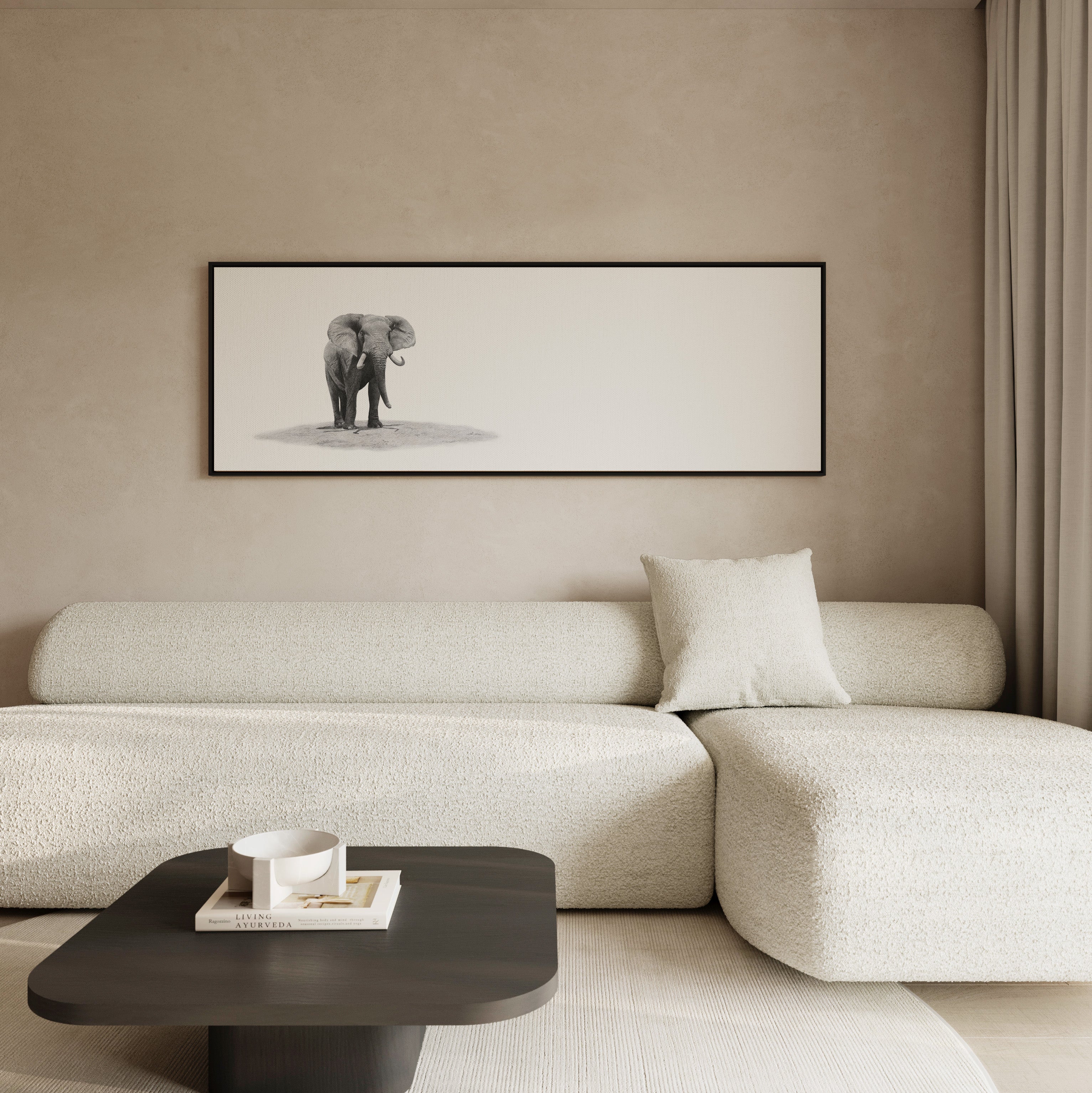 Framed African elephant canvas print combining timeless safari artwork with an elegant contemporary frame.