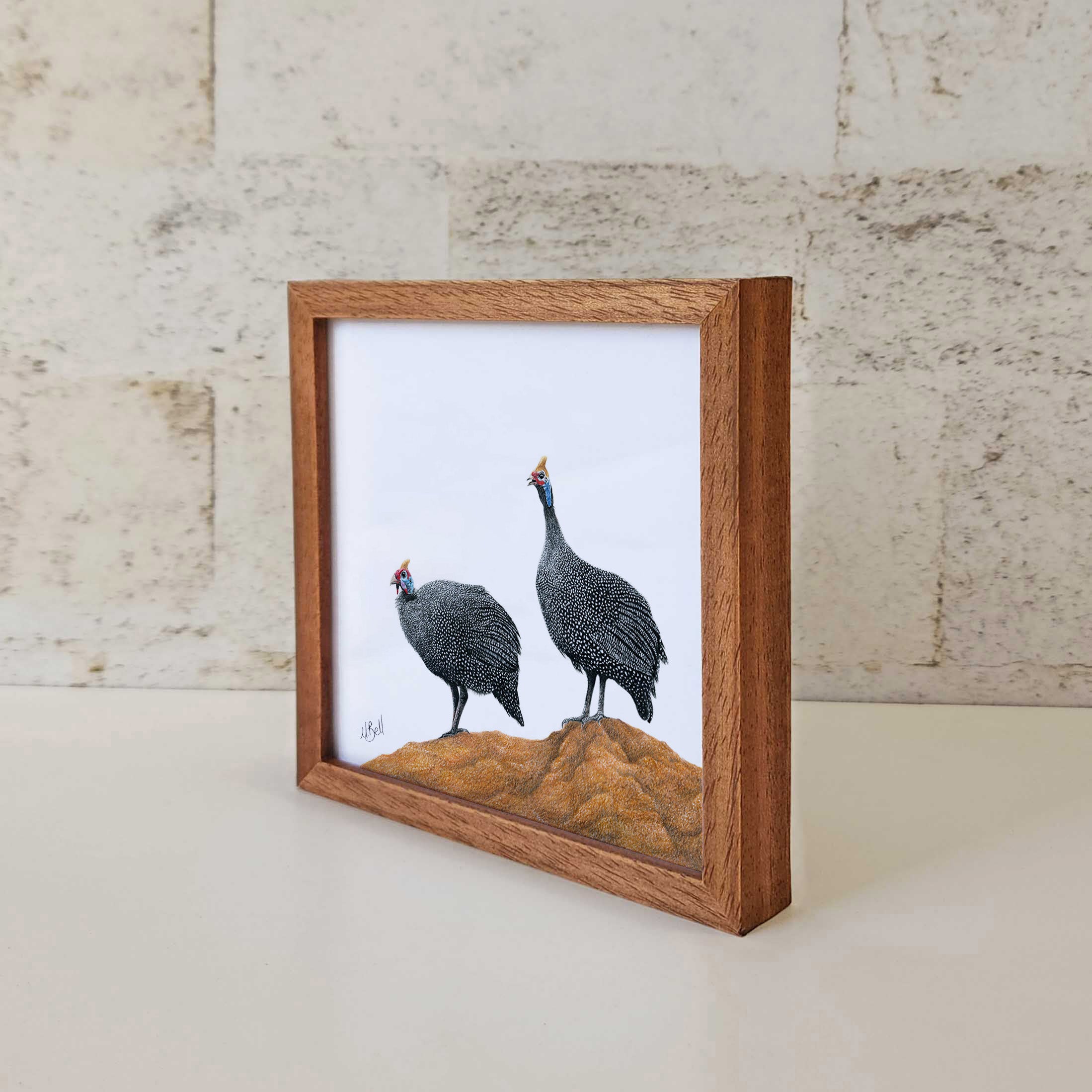 Kiaat wood framed miniature artwork of a Guinea Fowl, part of wildlife artist Matthew Bell's birds of South Africa gallery