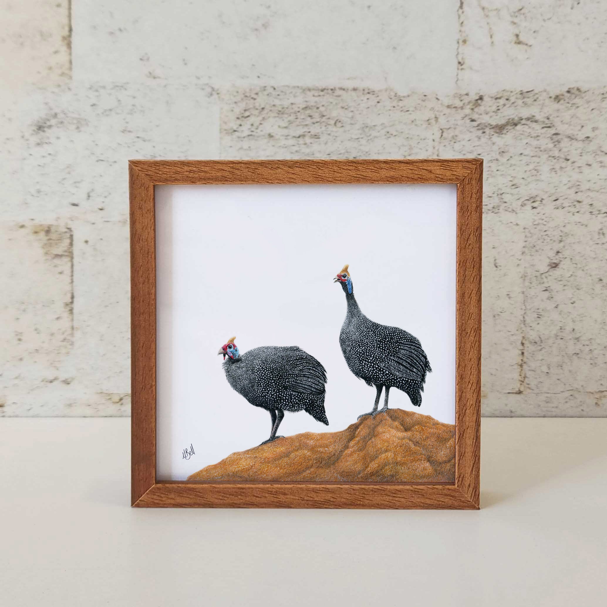 Kiaat wood framed miniature artwork of a Guinea Fowl, part of wildlife artist Matthew Bell's birds of South Africa gallery