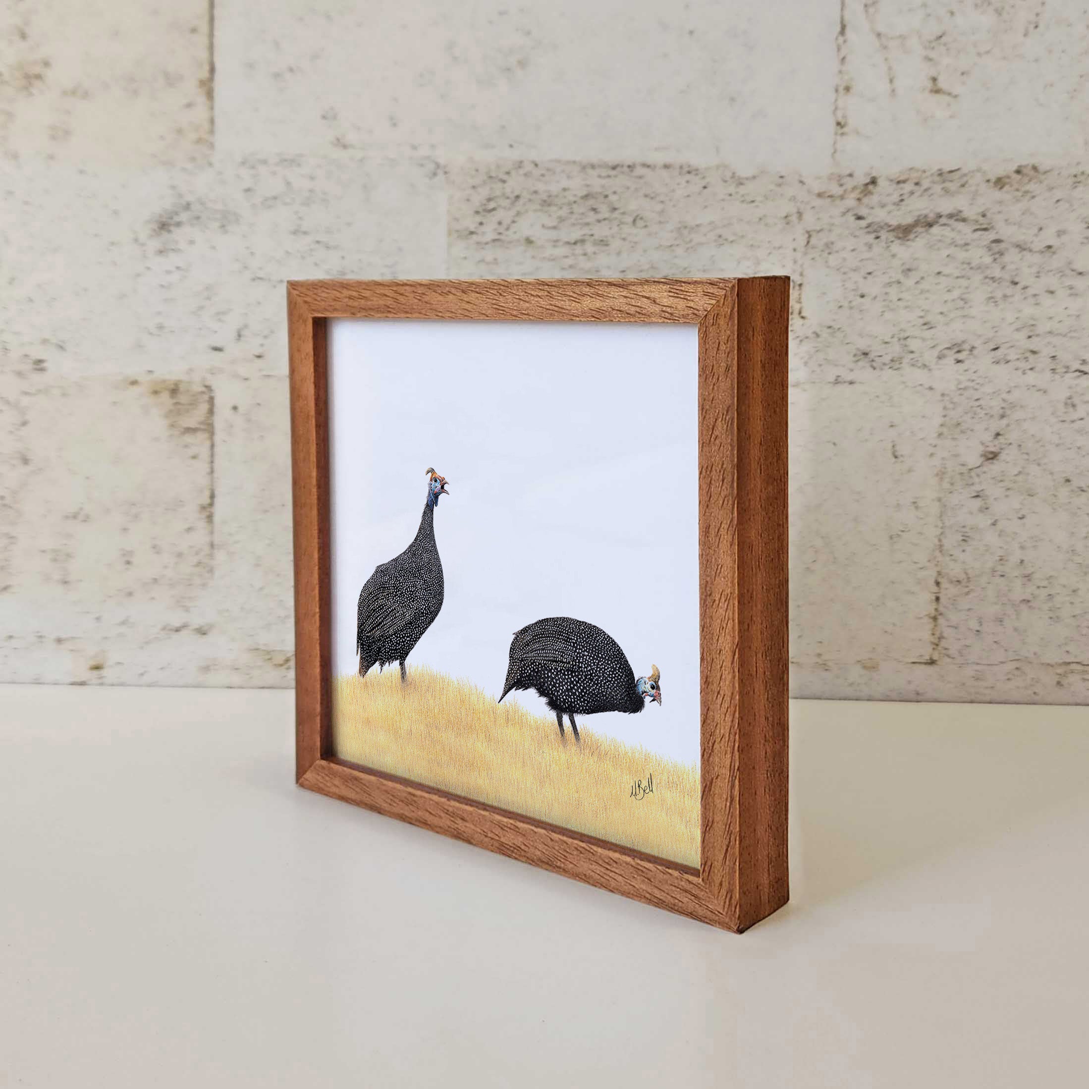 Kiaat wood framed miniature artwork of a Guinea Fowl, part of wildlife artist Matthew Bell's birds of South Africa gallery