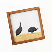 Kiaat wood framed miniature artwork of a Guinea Fowl, part of wildlife artist Matthew Bell's birds of South Africa gallery