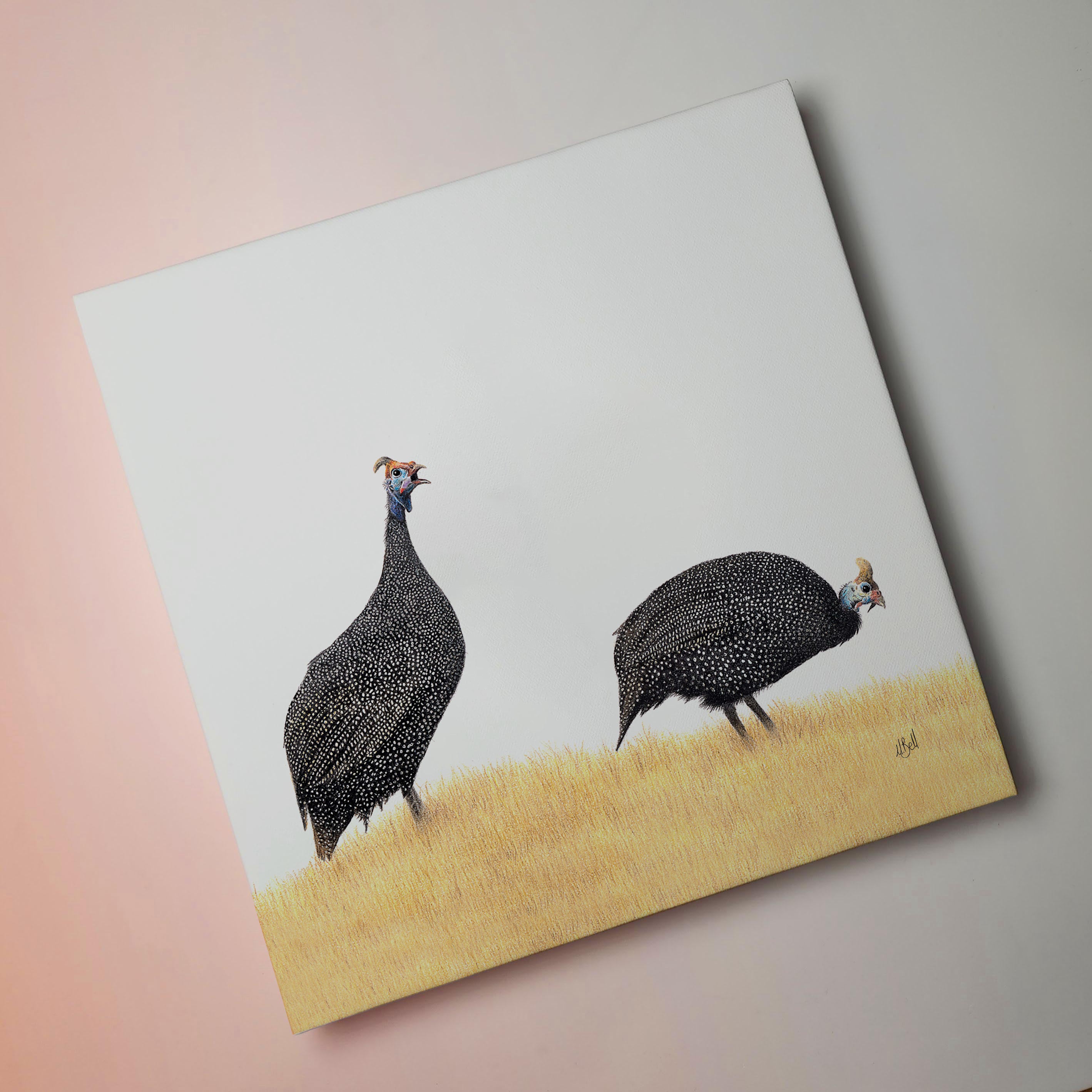 A Pair of Guine Fowl bird artwork on stretched canvas