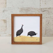 Kiaat wood framed miniature artwork of a Guinea Fowl, part of wildlife artist Matthew Bell's birds of South Africa gallery