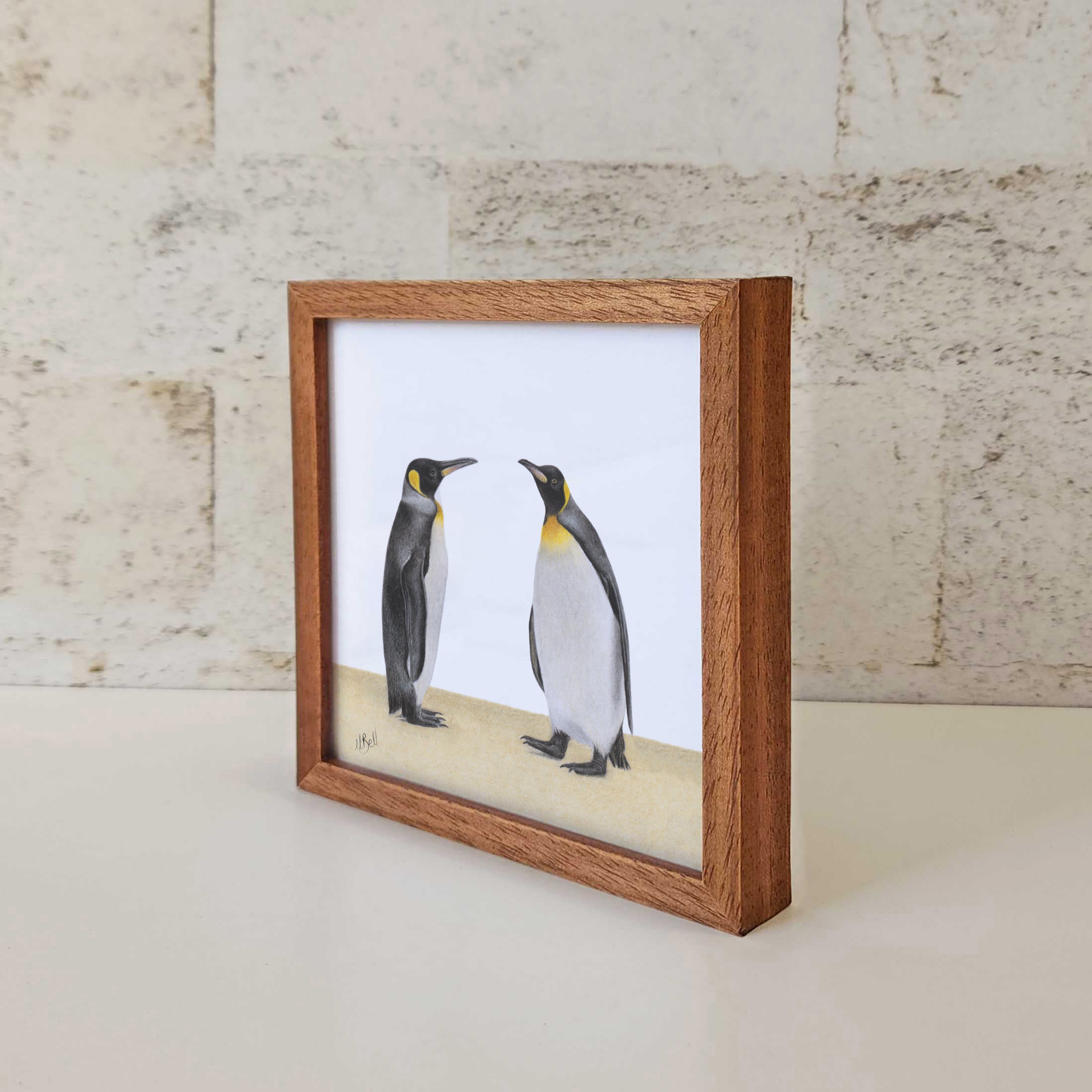 Kiaat wood framed miniature artwork of King Penguins, part of wildlife artist Matthew Bell's birds of South Africa gallery