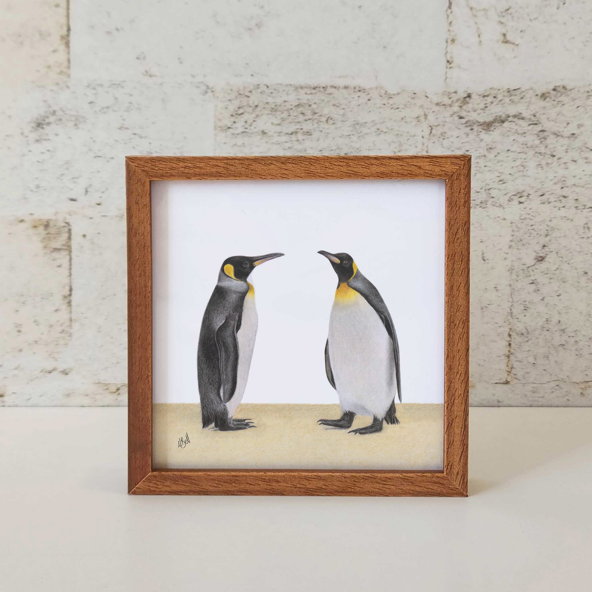 Kiaat wood framed miniature artwork of King Penguins, part of wildlife artist Matthew Bell's birds of South Africa gallery