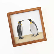 Kiaat wood framed miniature artwork of King Penguins, part of wildlife artist Matthew Bell's birds of South Africa gallery