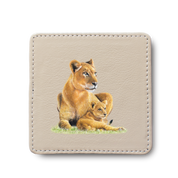 Lioness with Cub animal leather coaster by South African wildlife artist Matthew Bell