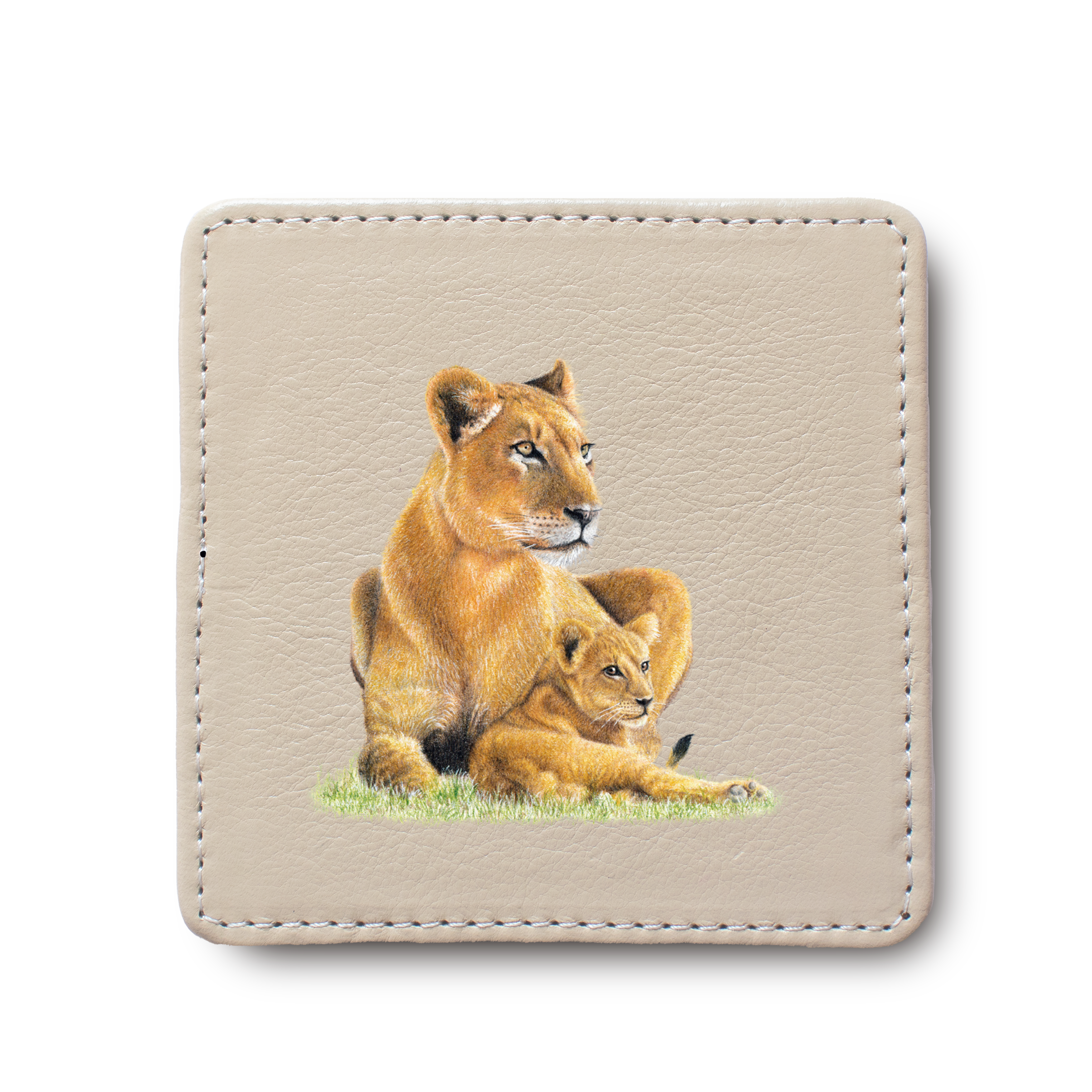 Lioness with Cub animal leather coaster by South African wildlife artist Matthew Bell