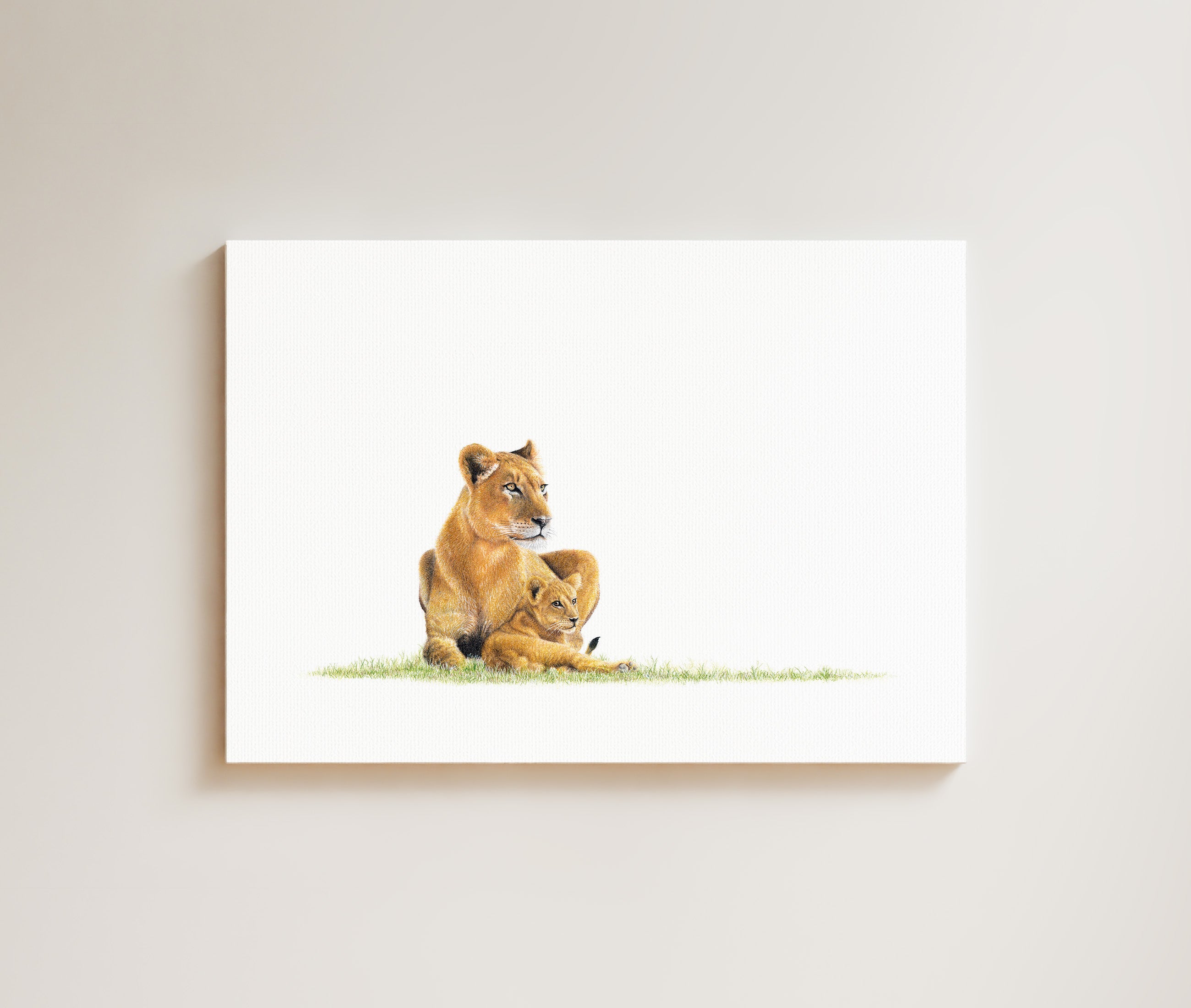 Lioness with Cub drawing on canvas by South African wildlife artist Matthew Bell