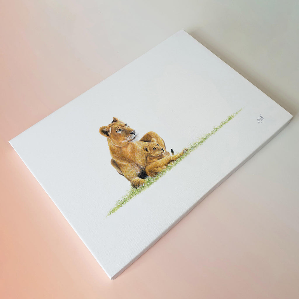 Lioness with a cub artwork on canvas
