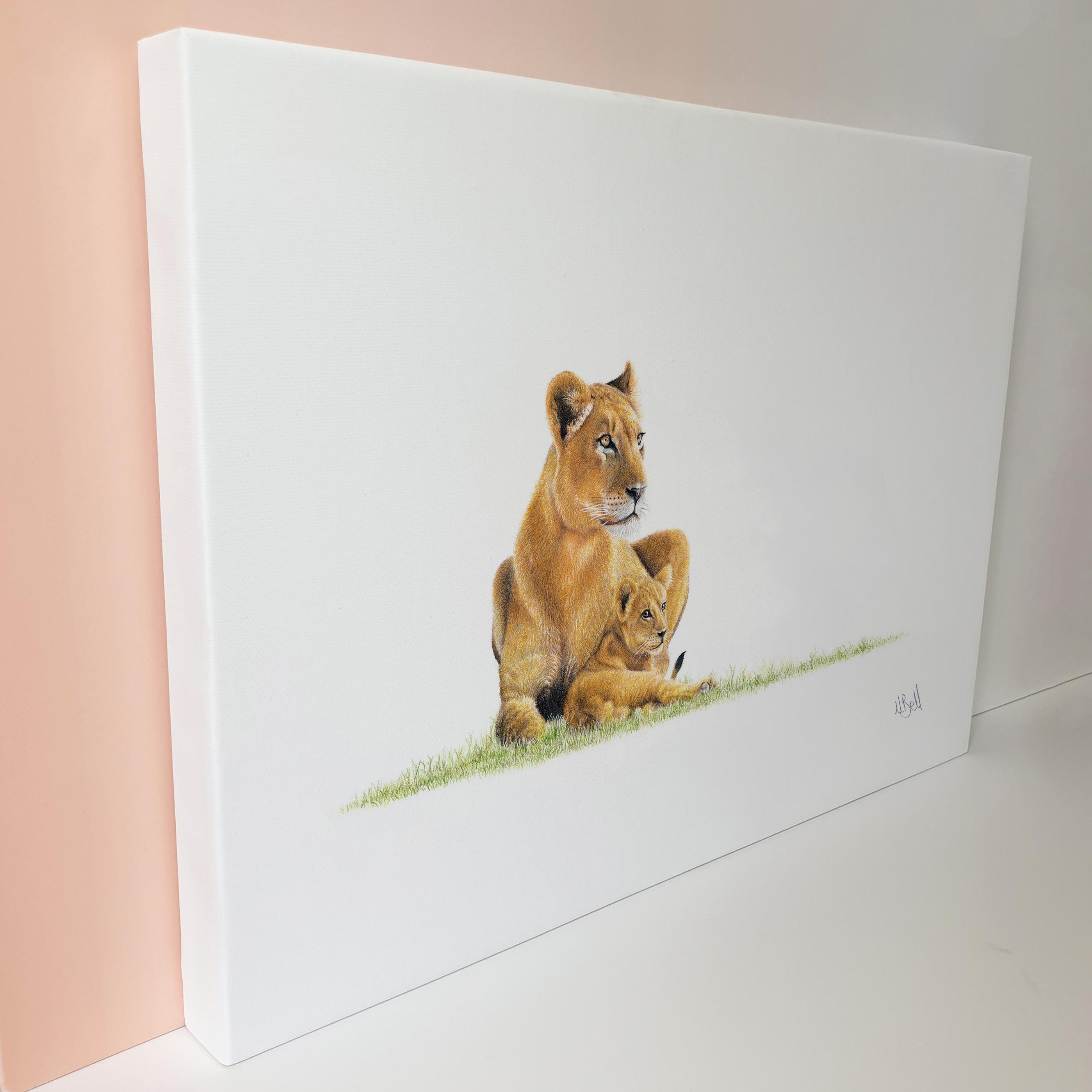 Lioness with a cub artwork on canvas