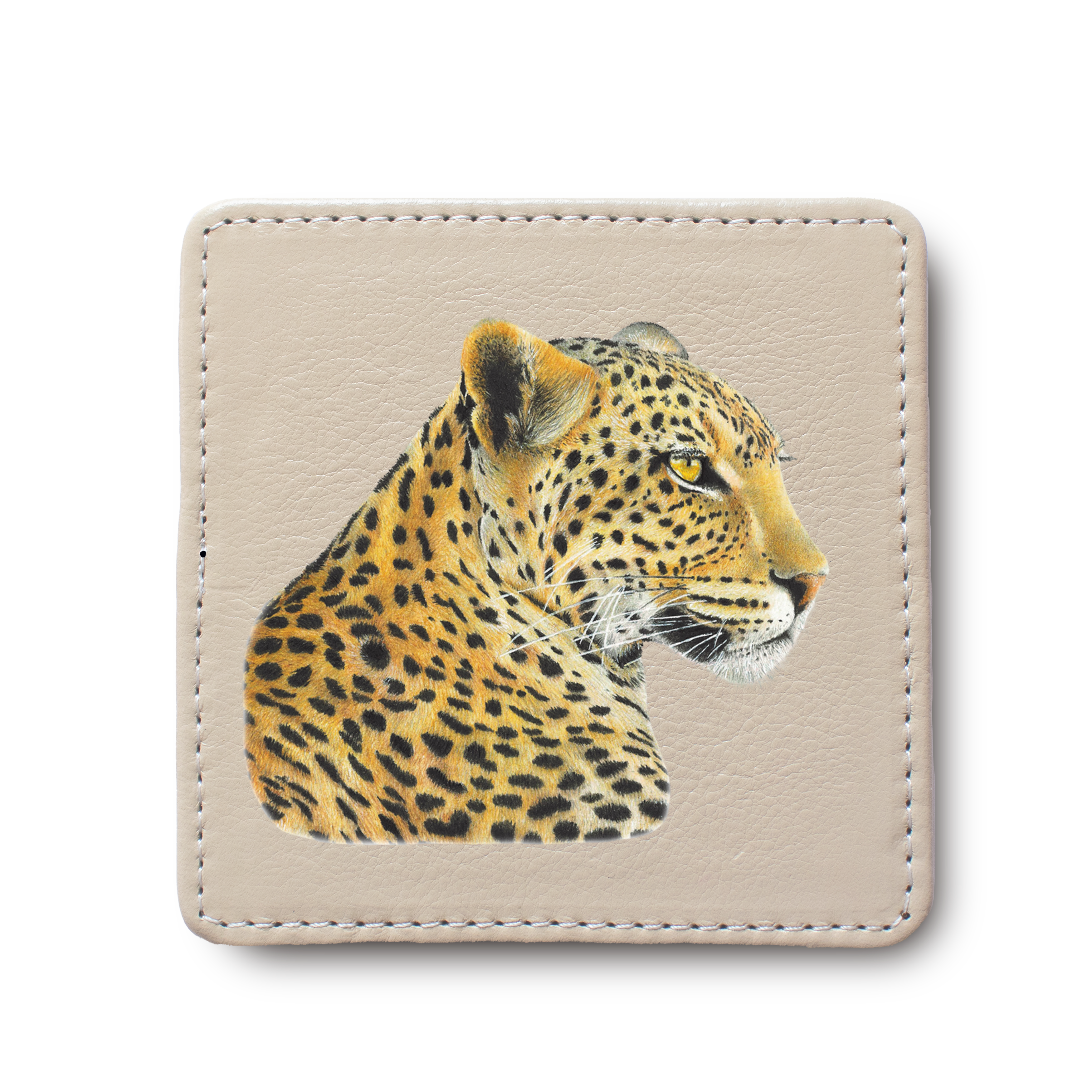 Leopard animal leather coaster by South African wildlife artist Matthew Bell