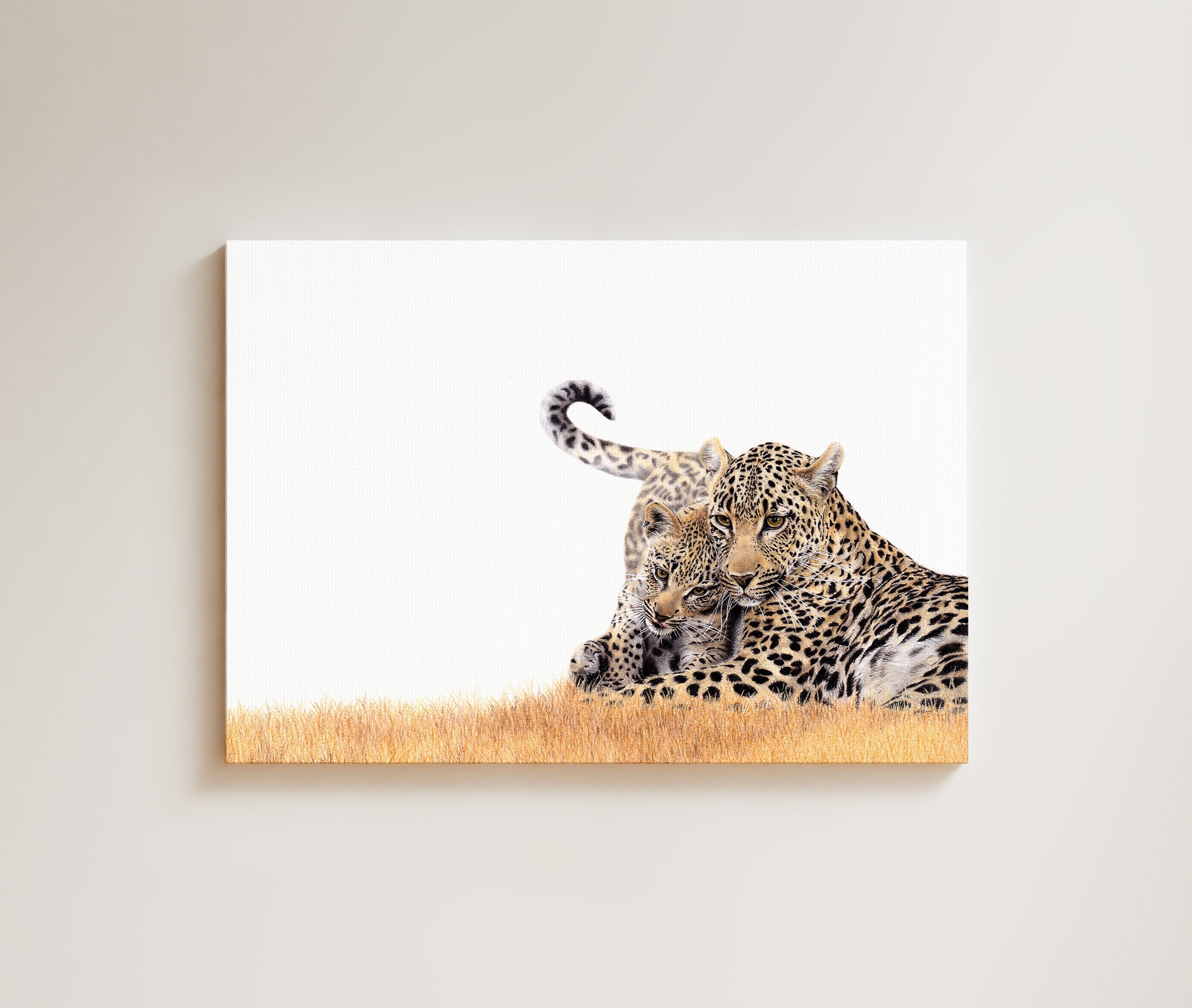 Leopard Mother and Cub drawing on canvas by South African wildlife artist Matthew Bell