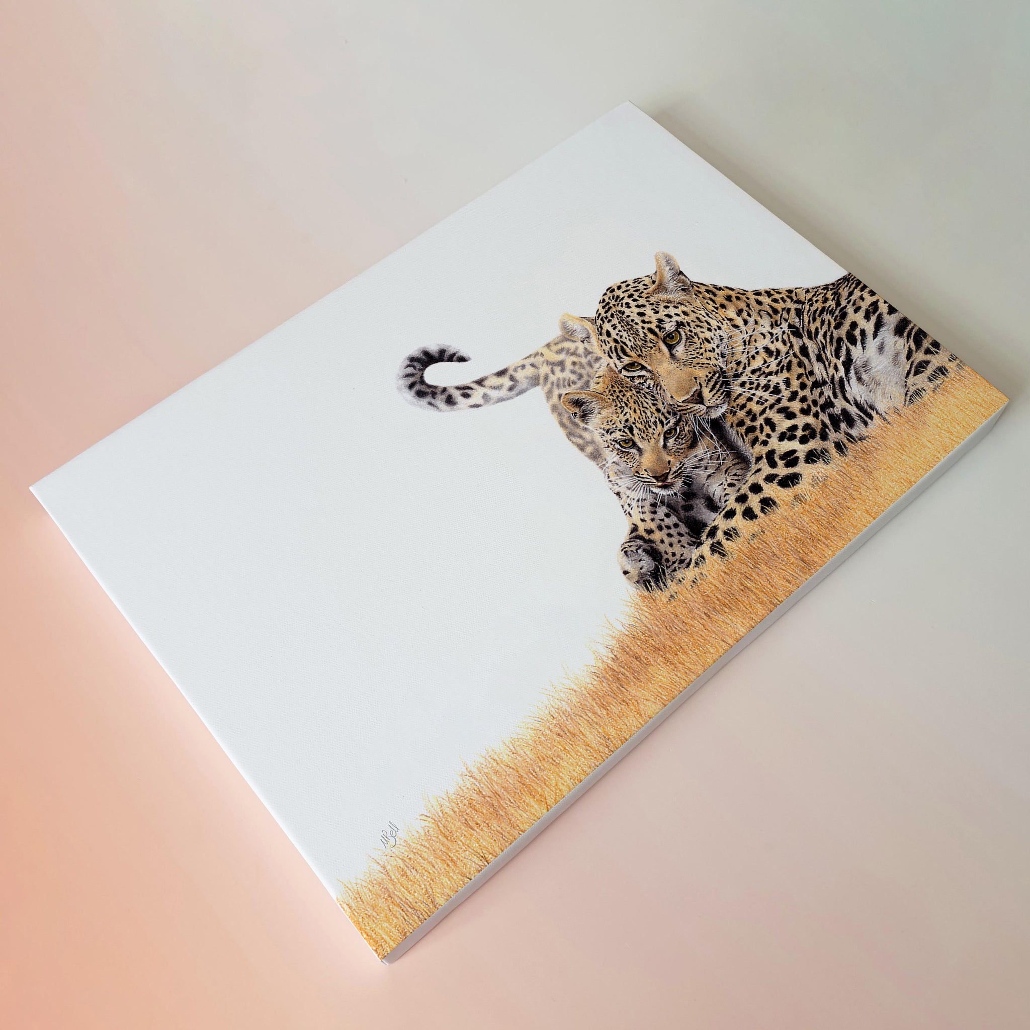 Leopard mother and cub wildlife artwork on canvas print
