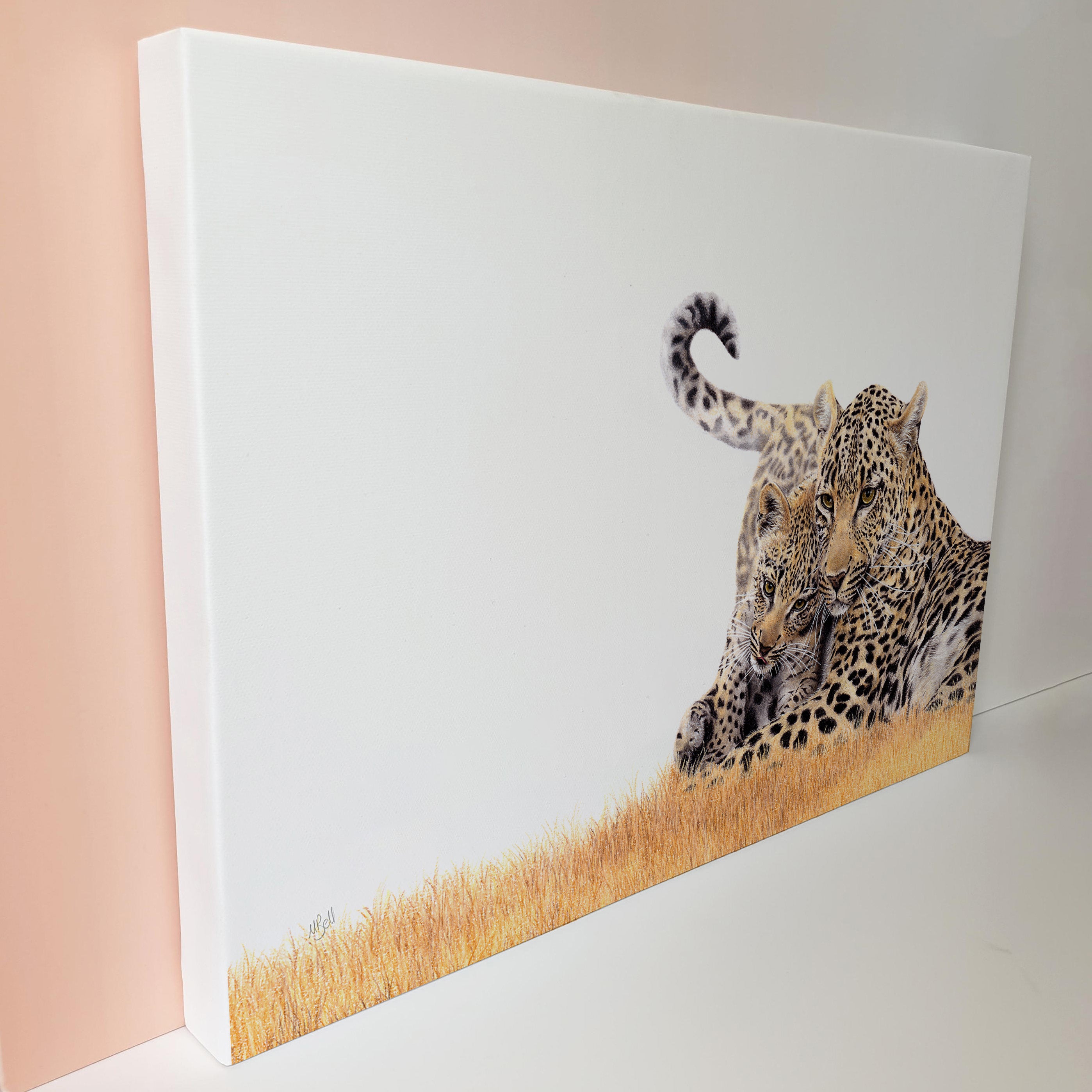 Leopard mother and cub wildlife artwork on canvas print