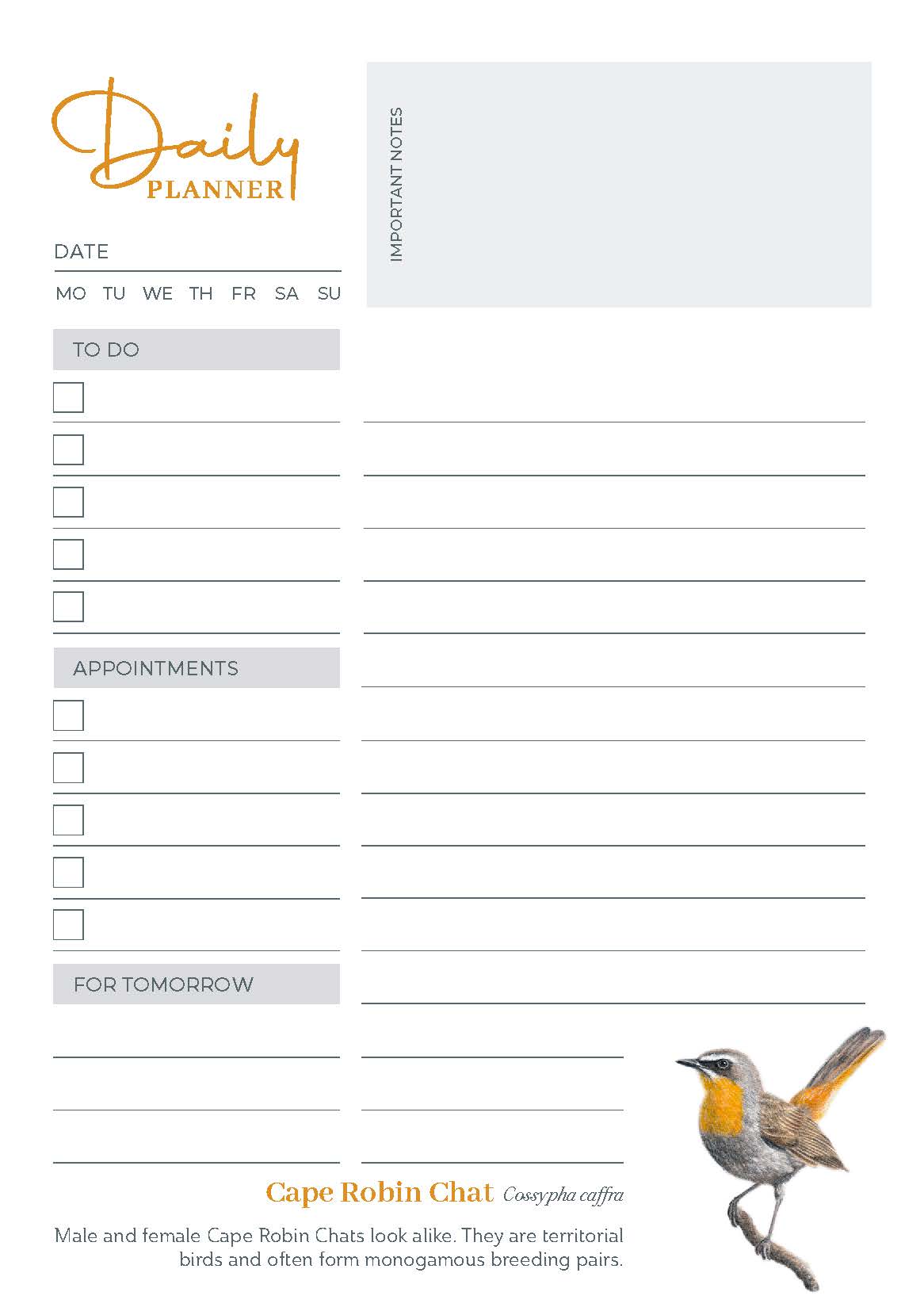Birds of South Africa Daily Planner
