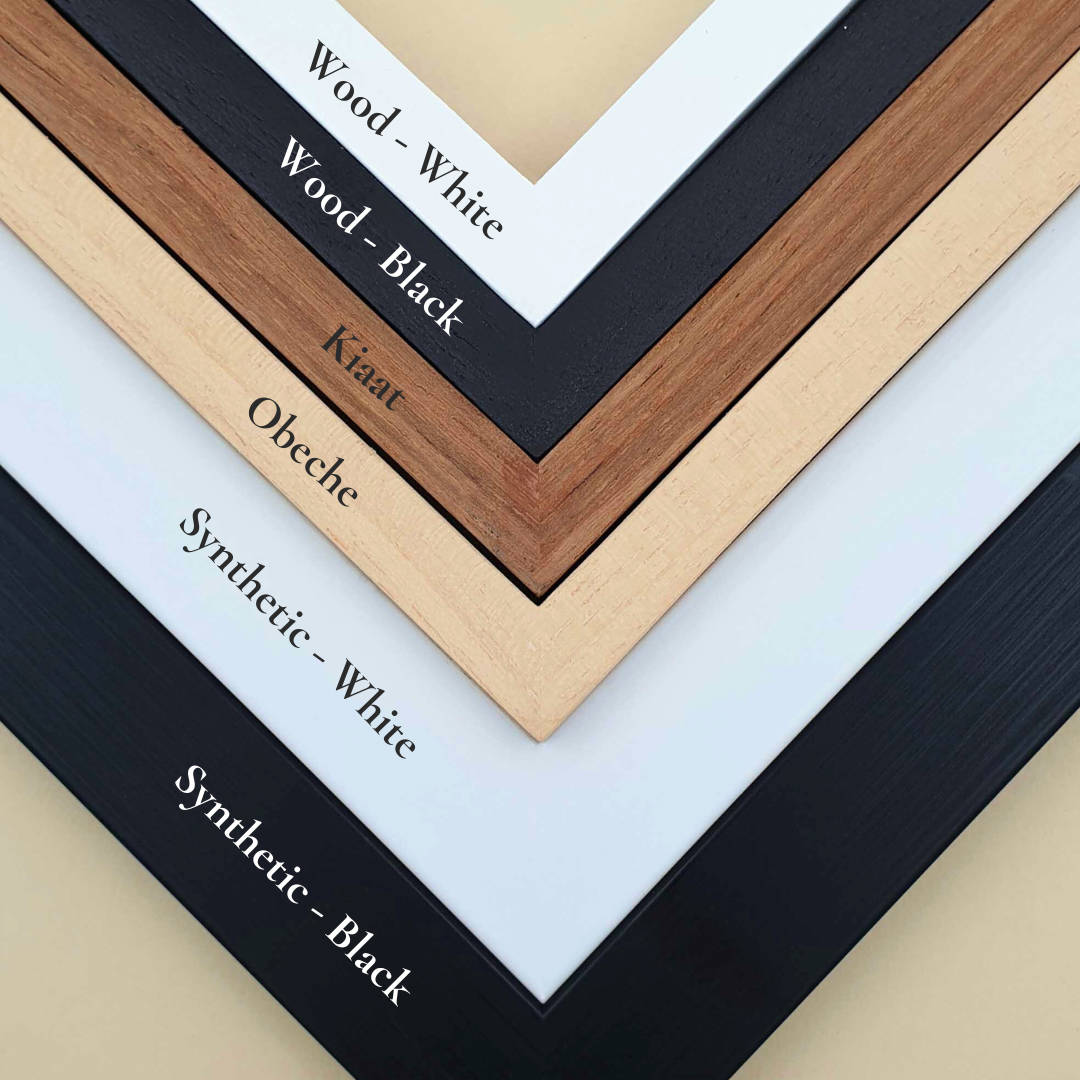 Black, white, kiaat, natural obeche wood frames for African wildlife art by Matthew Bell