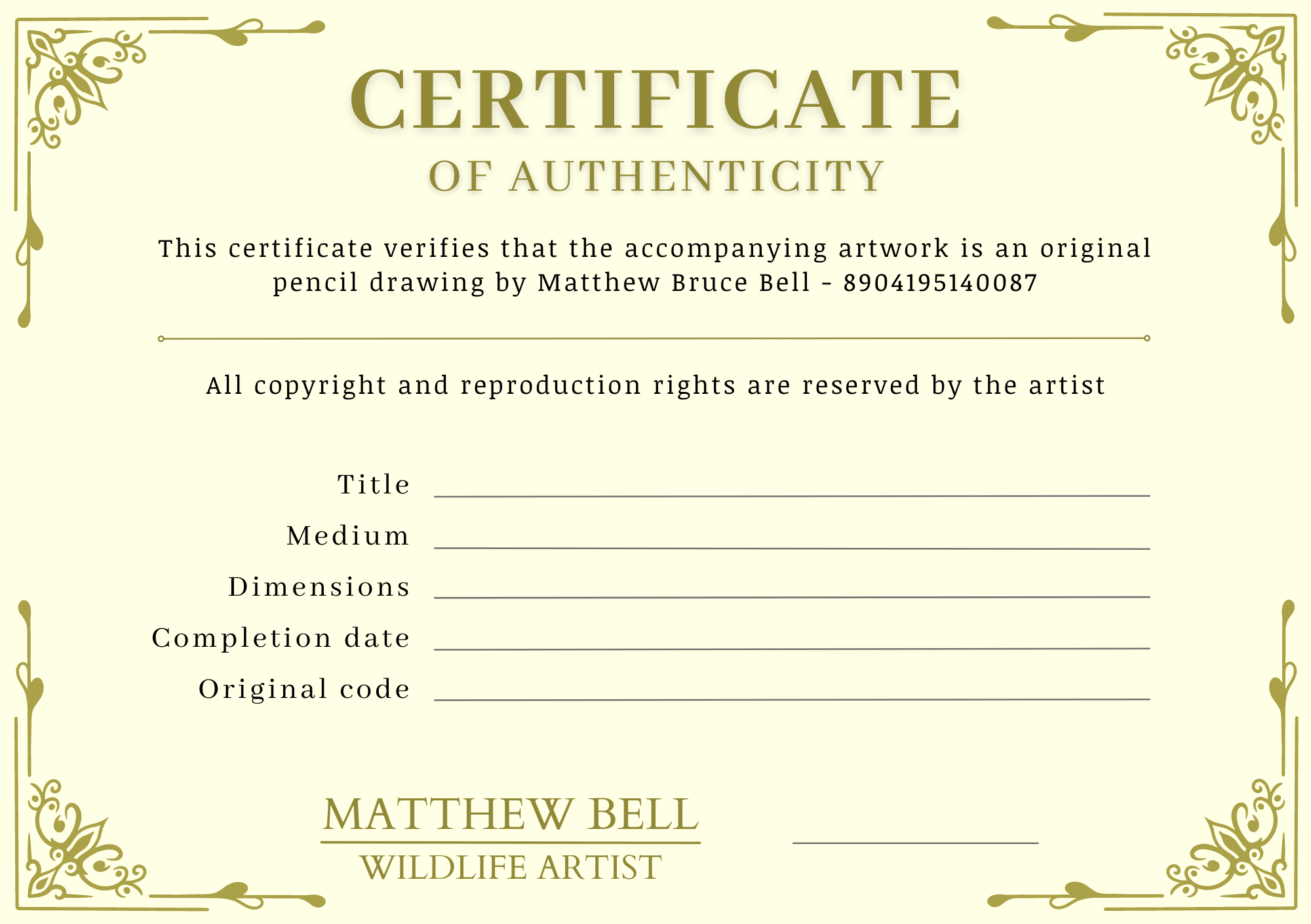 Authenticity certificate of the original framed artwork by Cape Town based wildlife artist Matthew Bell of a Red Crested Korhaan