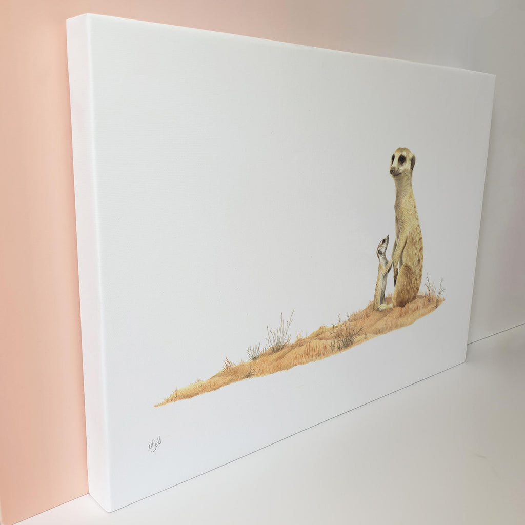 Mother and baby meerkats wildlife artwork on canvas
