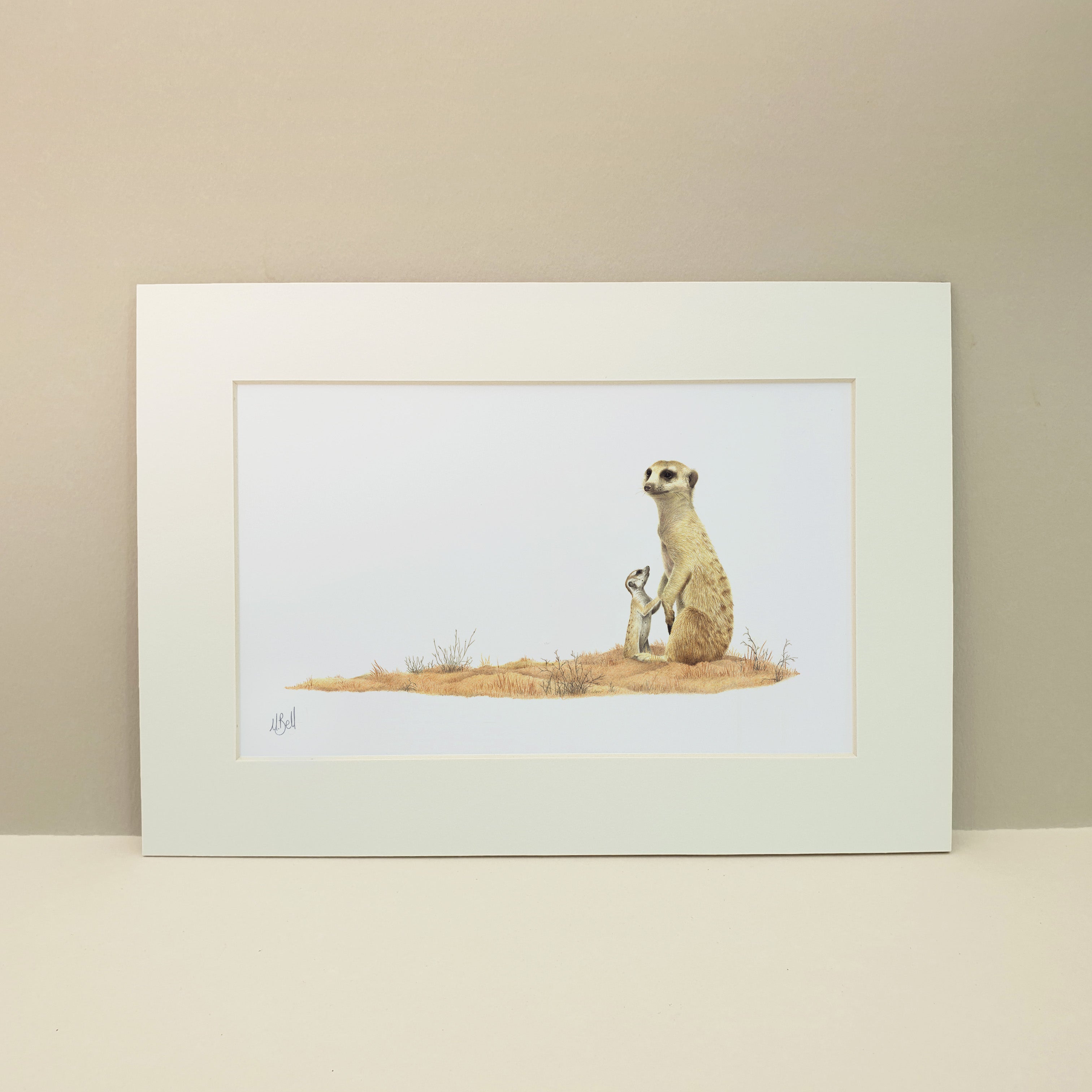 Artork of a mother and baby Meerkat in the Kalahari desert