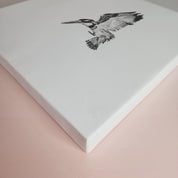 South African bird artwork on canvas, stretched on wooden frame by wildlife artist Matthew Bell of a Pied Kingfisher hovering