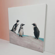 South African bird artwork on canvas, stretched on wooden frame by wildlife artist Matthew Bell of three African Penguins at Boulders Beach in Simonstown