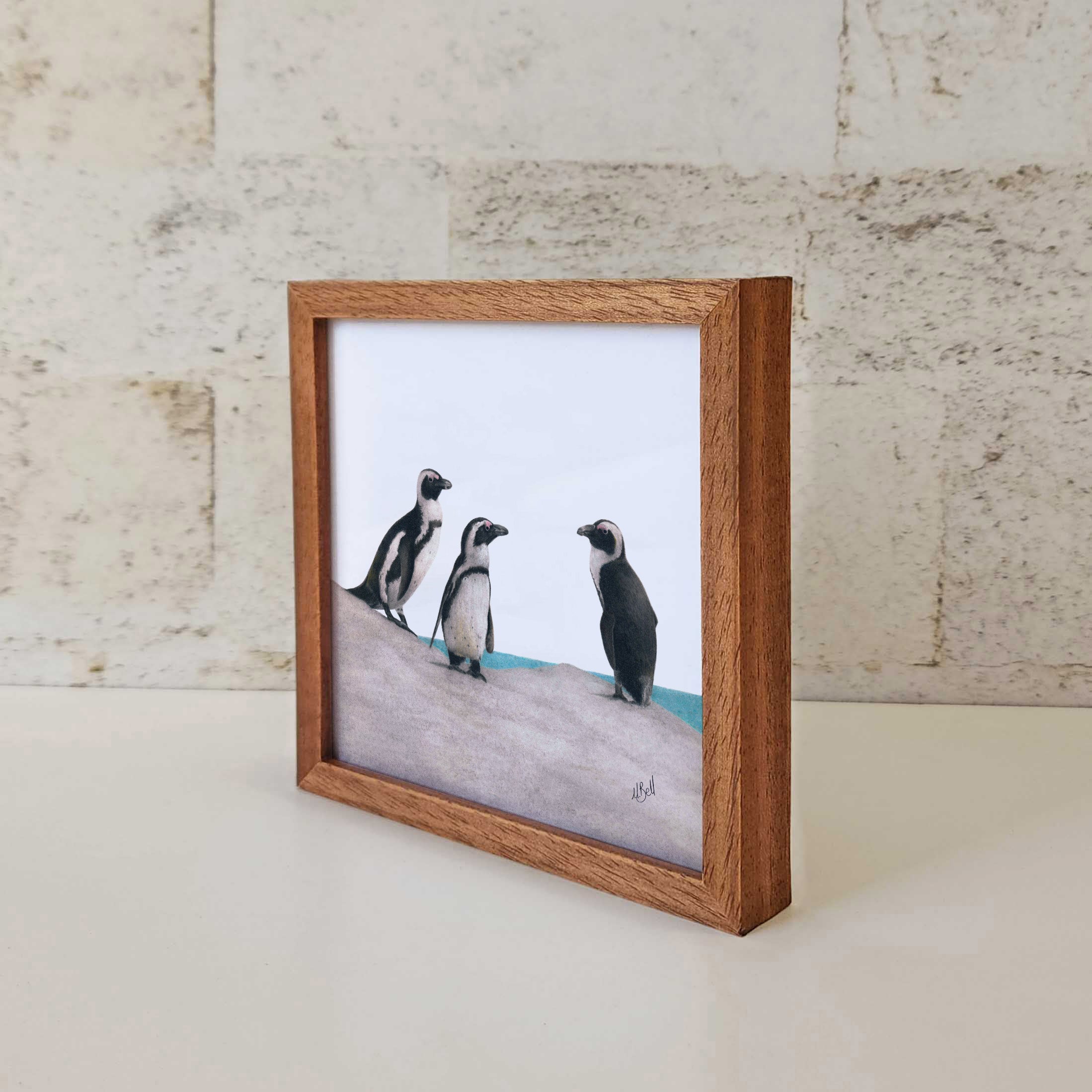 Kiaat wood framed miniature artwork of African Penguins, part of wildlife artist Matthew Bell's birds of South Africa gallery