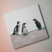 South African bird artwork on canvas, stretched on wooden frame by wildlife artist Matthew Bell of three African Penguins at Boulders Beach in Simonstown