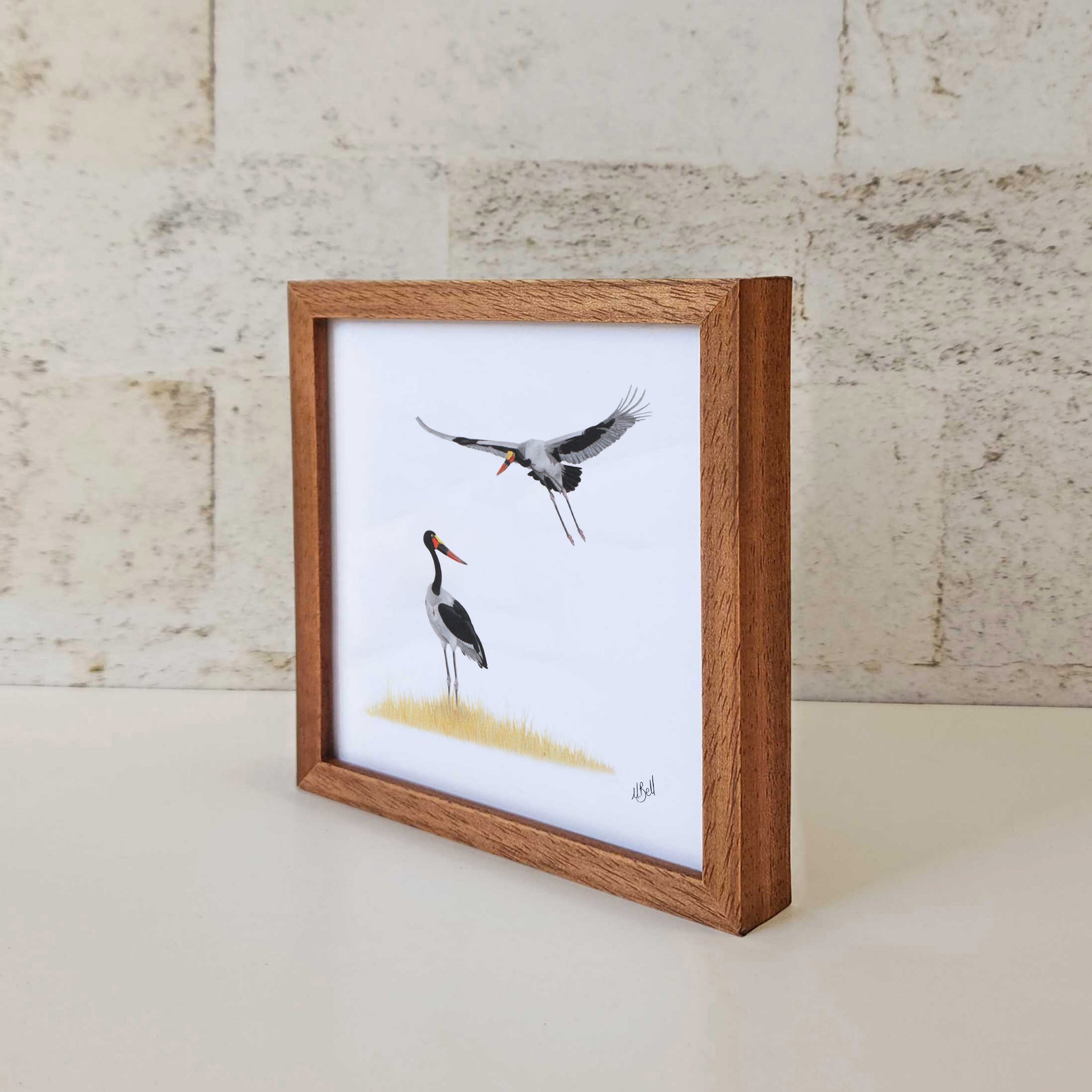 Saddle Billed Storks kiaat wood framed South African bird artwork