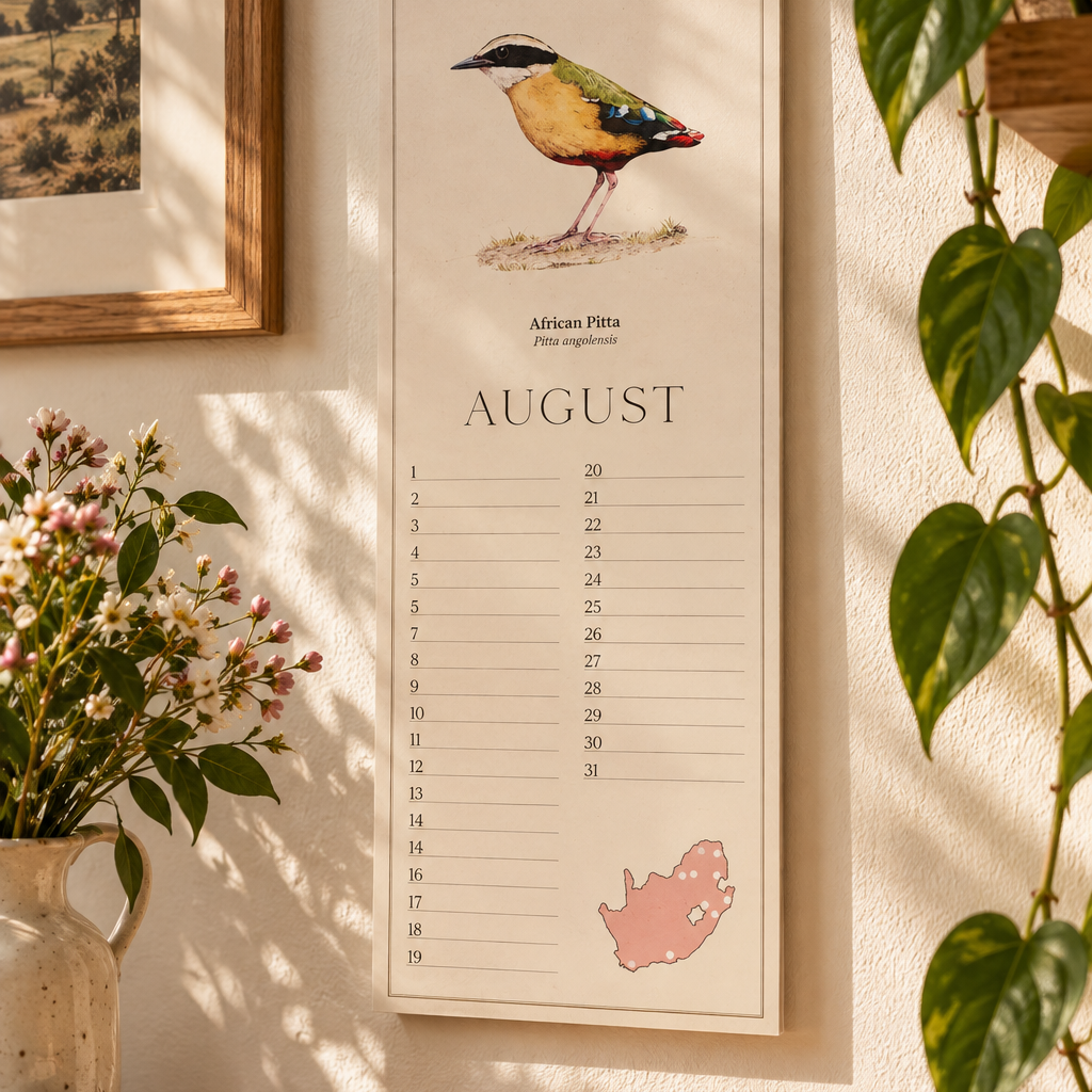 South African Birds art perpetual reusable birthday calendar by wildlife artist Matthew Bell