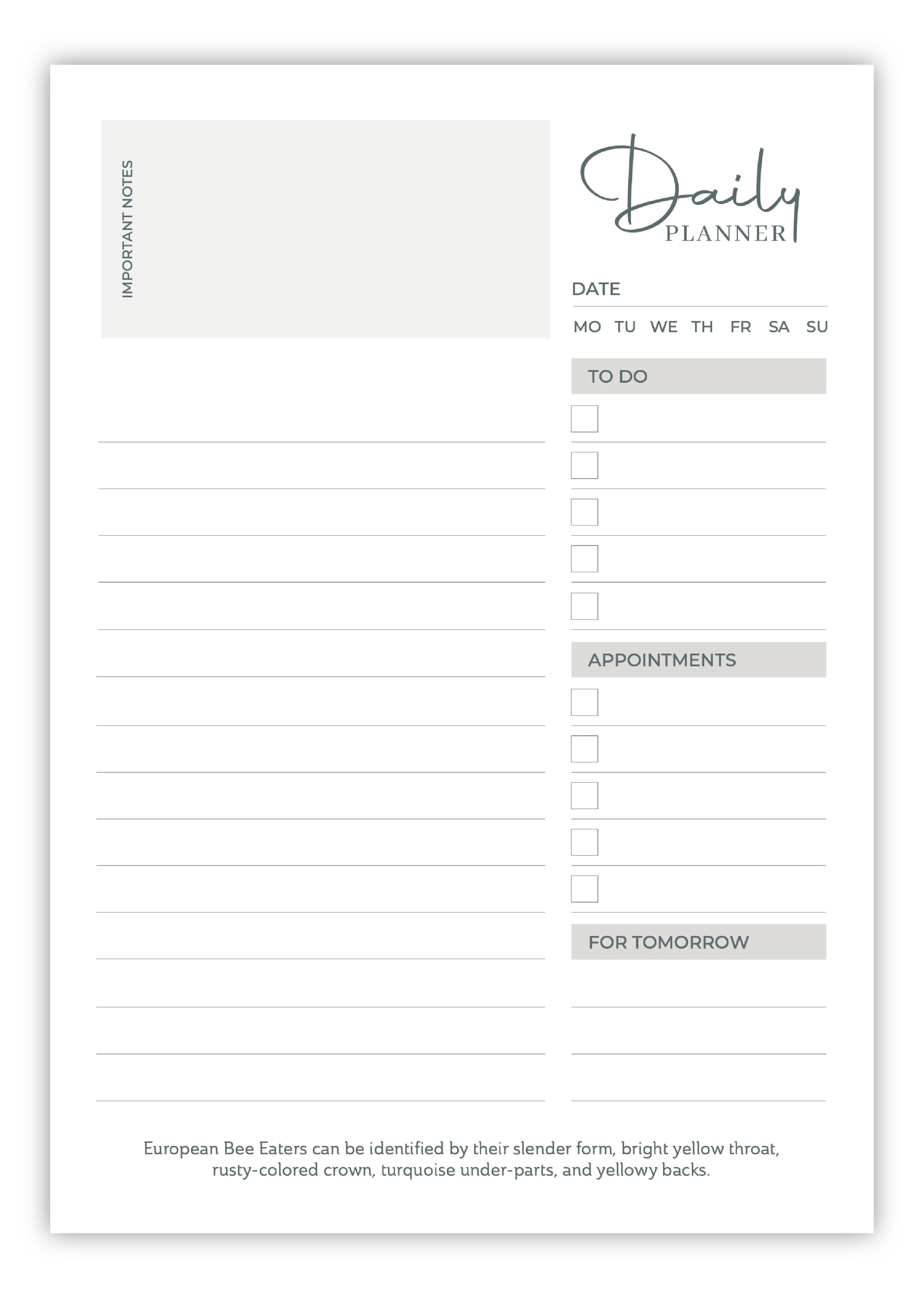 Birds of South Africa Daily planner by South African wildlife artist Matthew Bell - Inside Page