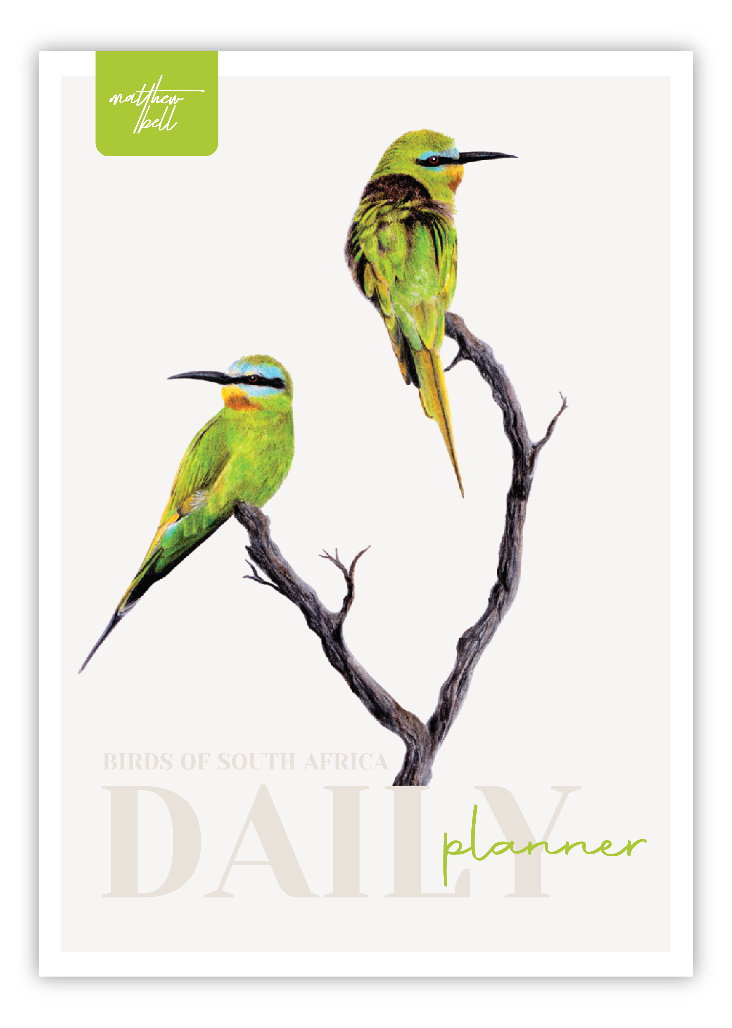 Birds of South Africa Daily planner by South African wildlife artist Matthew Bell - Blue cheeked Bee Eaters