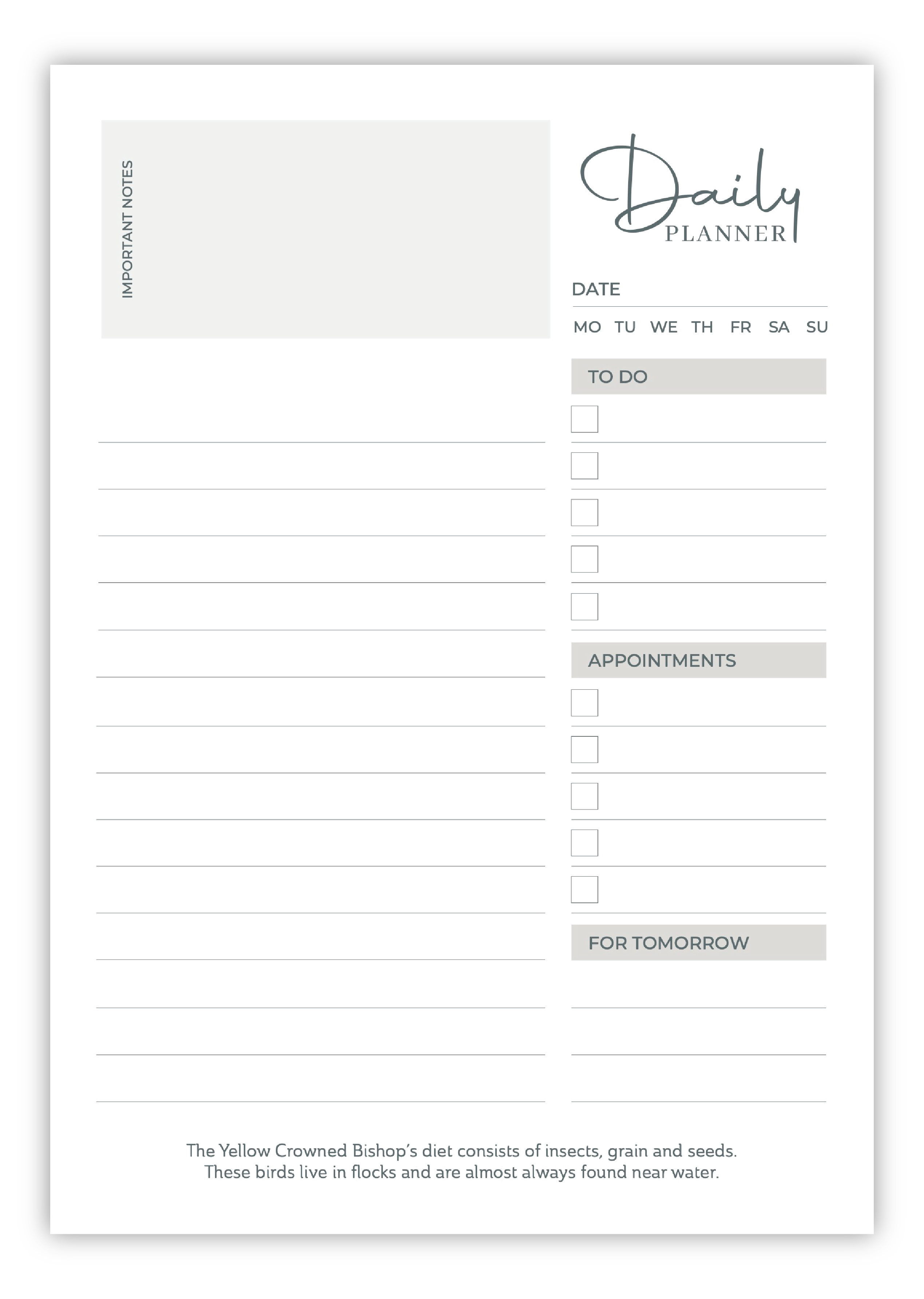 Birds of South Africa Daily planner by South African wildlife artist Matthew Bell - Inside Page