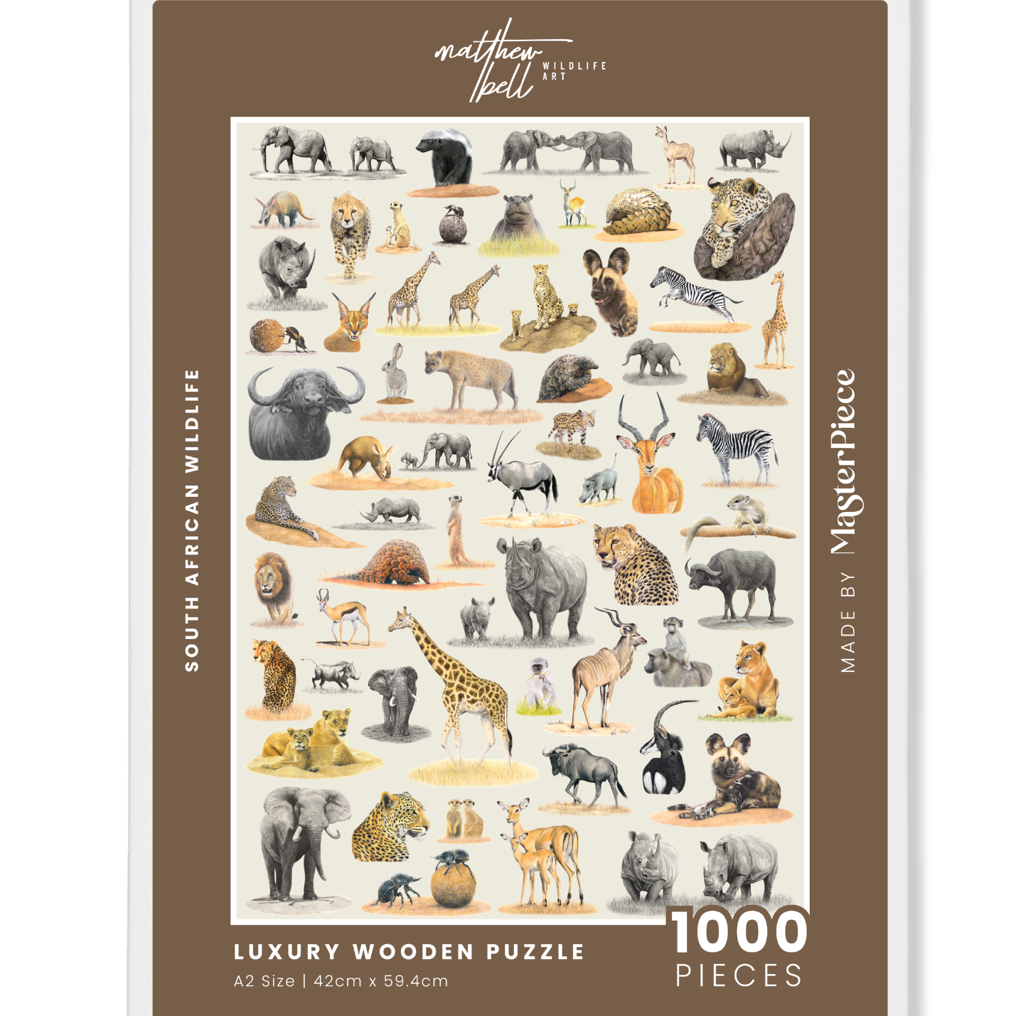 Matthew's South African Wildlife wooden puzzle is a 'sequel' to his first puzzle - Birds of South Africa and features 62 of Matthew's original pencil drawings and is a tribute to the incredible variety of animals found in South Africa.

Available in A2 size (1000pcs) and A1 size (2000pcs)
Made from 3mm thick wood
62 different animal drawings
Supplied with an A4 reference image
Beautifully packaged in a white matt laminate box