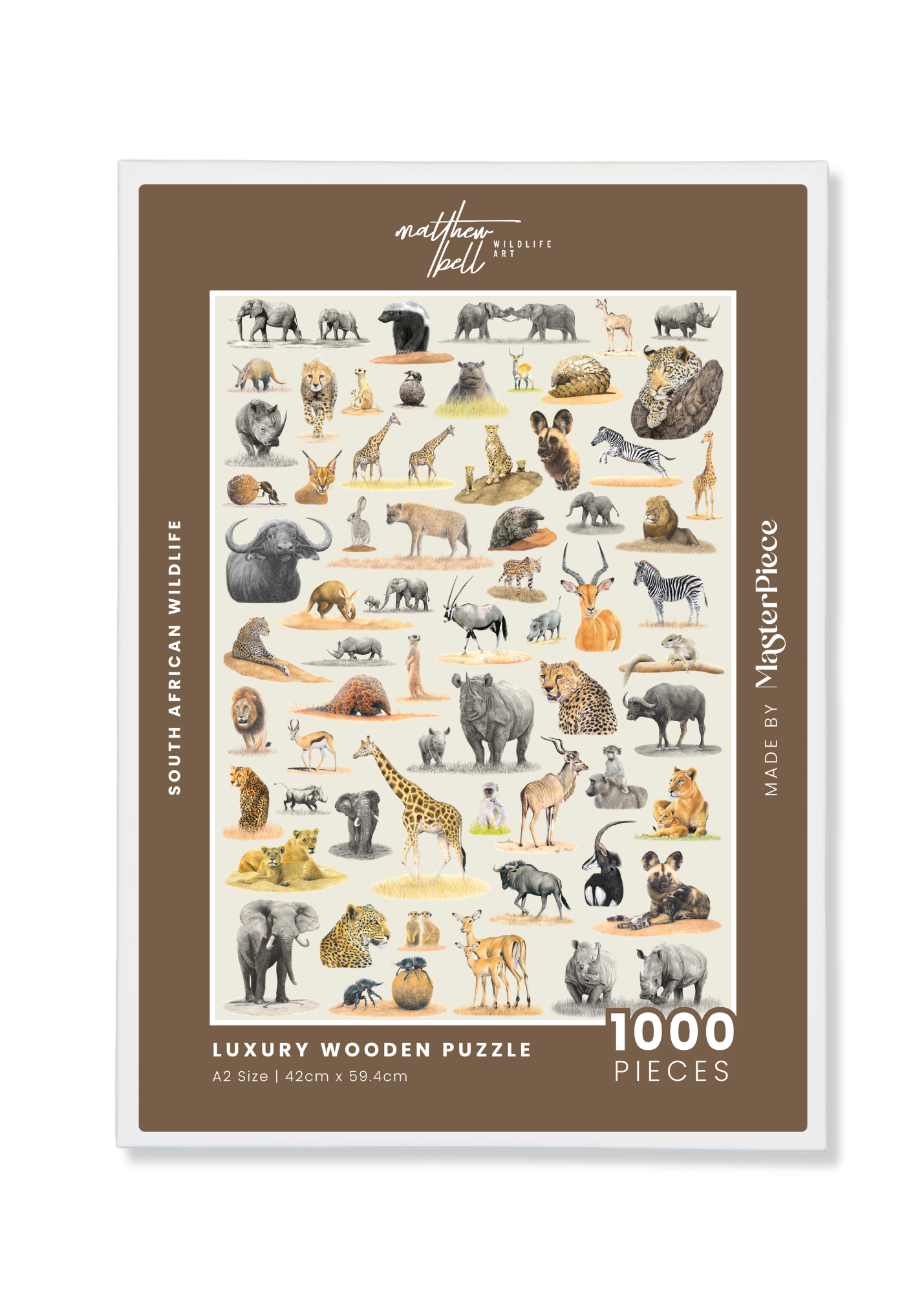 Matthew's South African Wildlife wooden puzzle is a 'sequel' to his first puzzle - Birds of South Africa and features 62 of Matthew's original pencil drawings and is a tribute to the incredible variety of animals found in South Africa.

Available in A2 size (1000pcs) and A1 size (2000pcs)
Made from 3mm thick wood
62 different animal drawings
Supplied with an A4 reference image
Beautifully packaged in a white matt laminate box