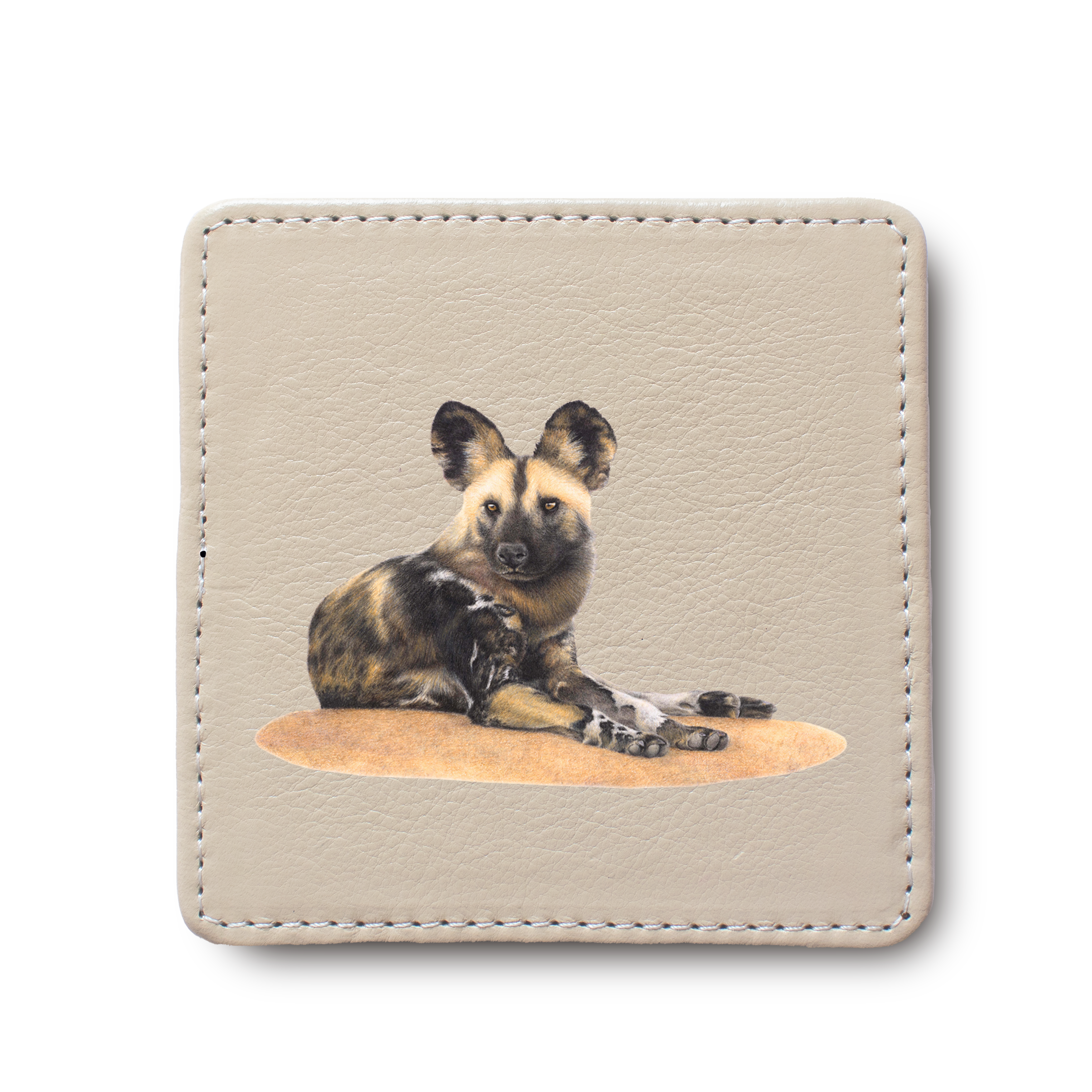 African Wild Dog leather coaster by South African wildlife artist Matthew Bell