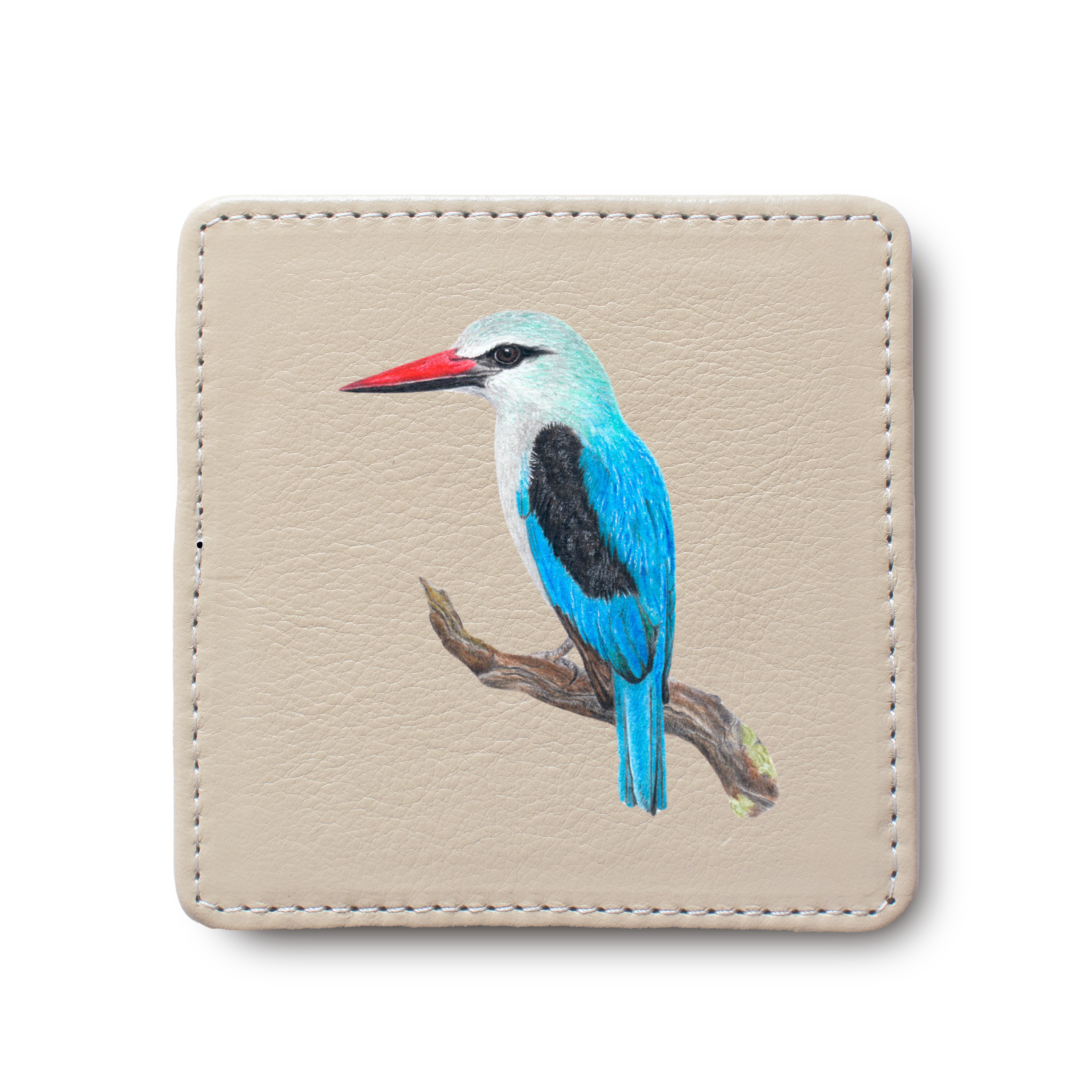 Woodland Kingfisher Bird leather coaster by South African wildlife artist Matthew Bell