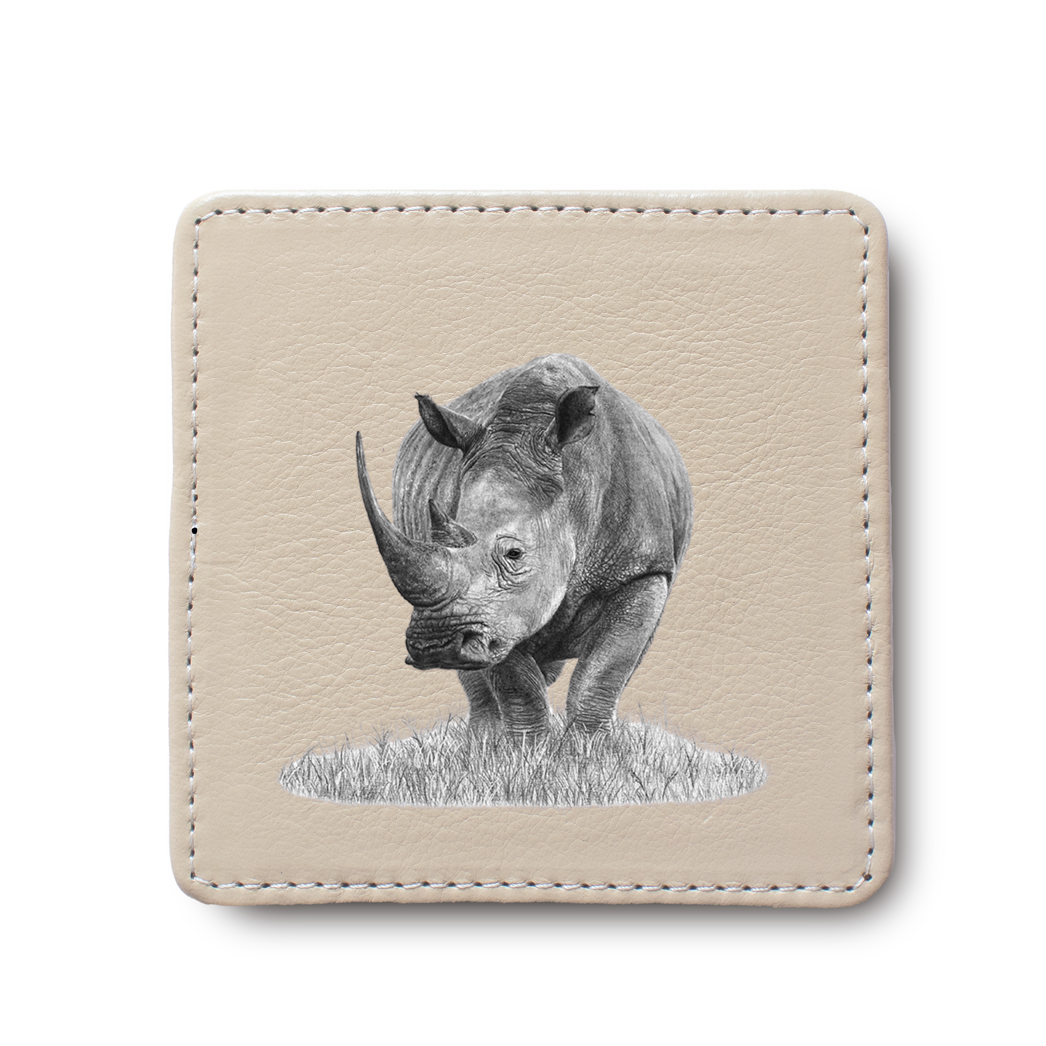 White Rhino animal leather coaster by South African wildlife artist Matthew Bell