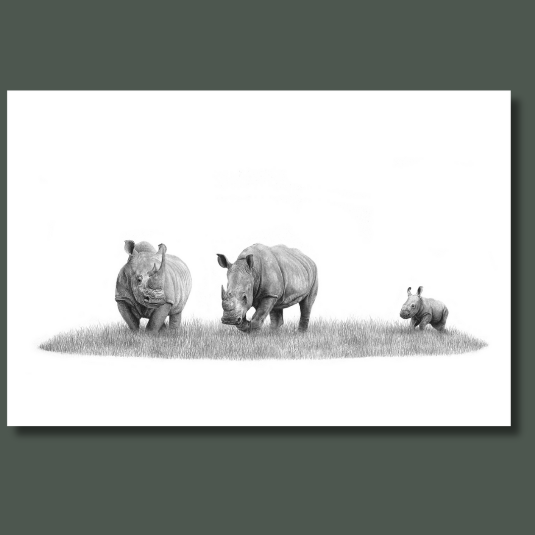 African White Rhino family wildlife artwork on canvas