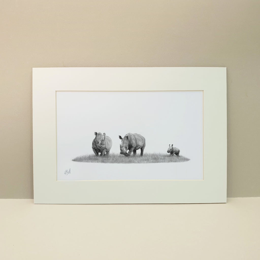 African White Rhino family with a baby pencil artwork